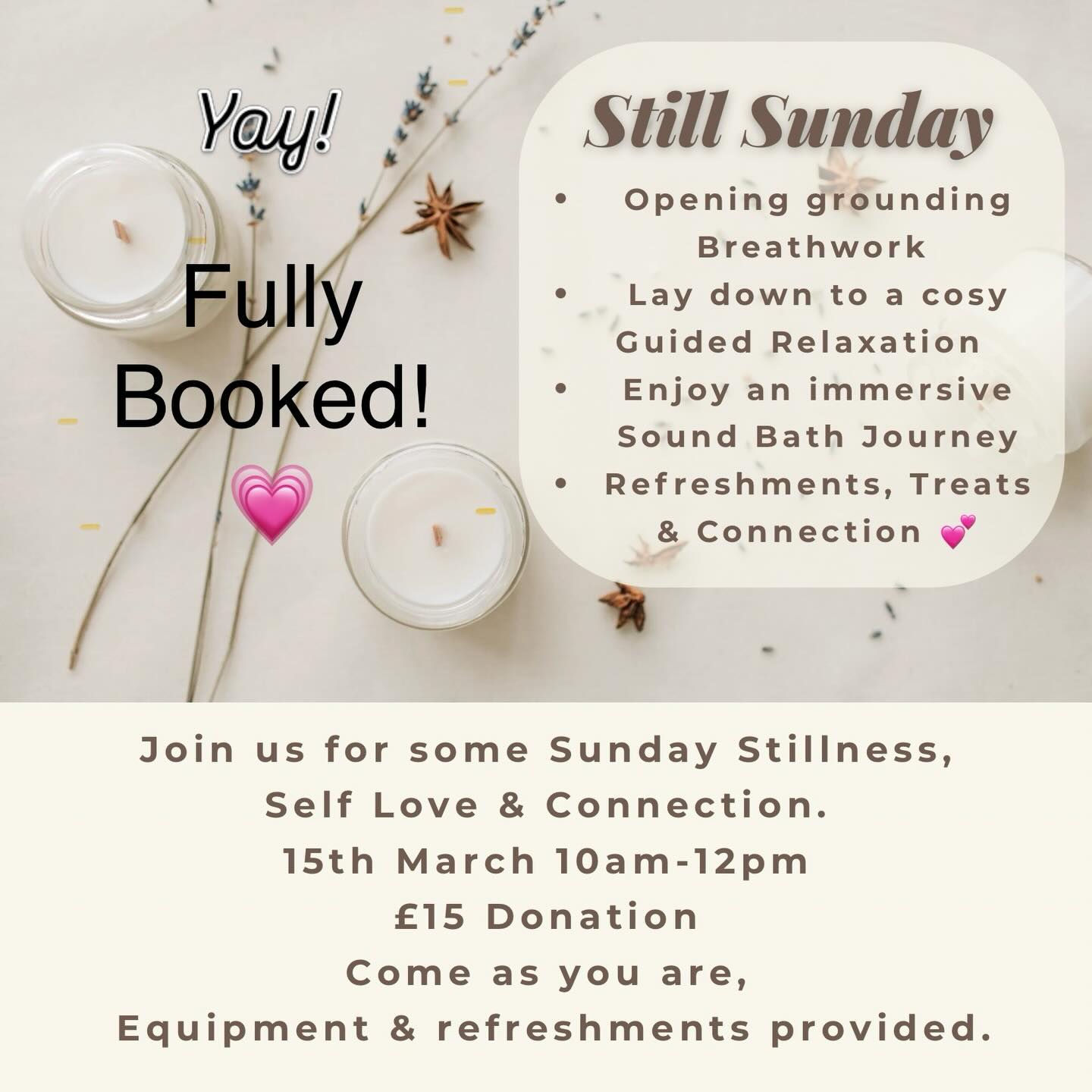 Last ticket sold! We can’t wait for our first ‘Still Sunday’ at the studio!
If you missed it this time our next date will be the 12th April, keep your eyes peeled for the booking link 💗