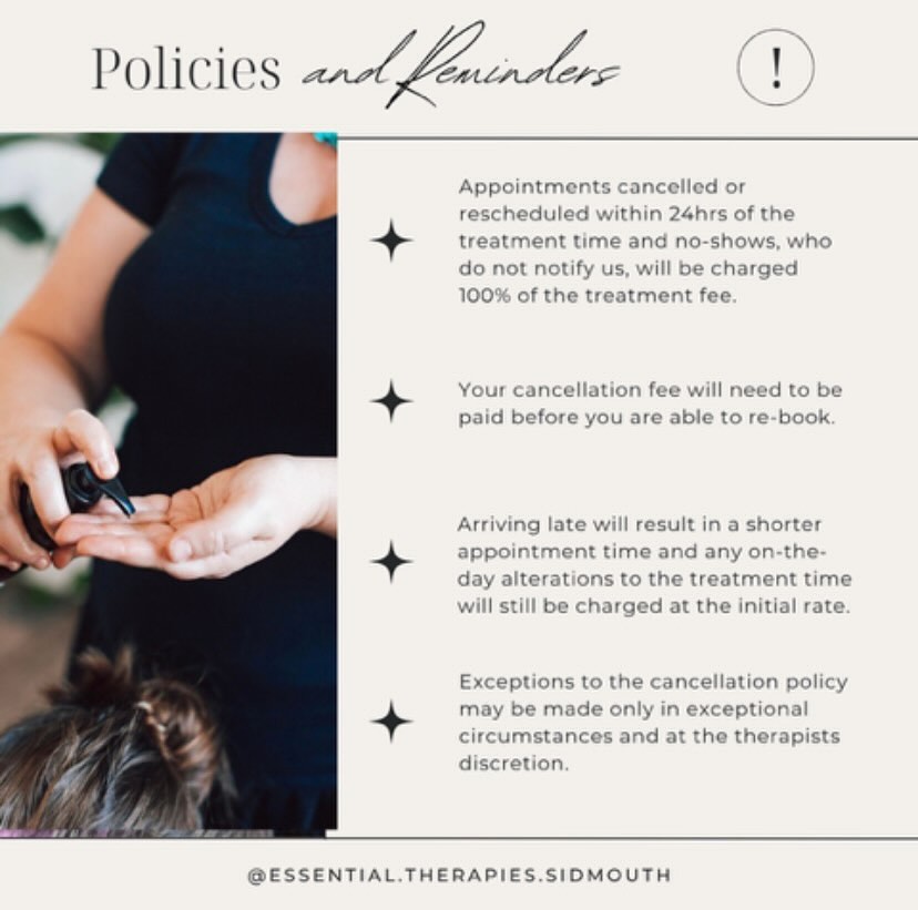 Gentle reminder that whilst we understand that things come up; so does running a small business, and it is simply not viable for us not to charge for our time that has been reserved.
Late cancellations, frequent rescheduling, and no shows greatly impact us,and we ask that when you book your appointment, you are mindful of reserving a time that you will be able to keep.