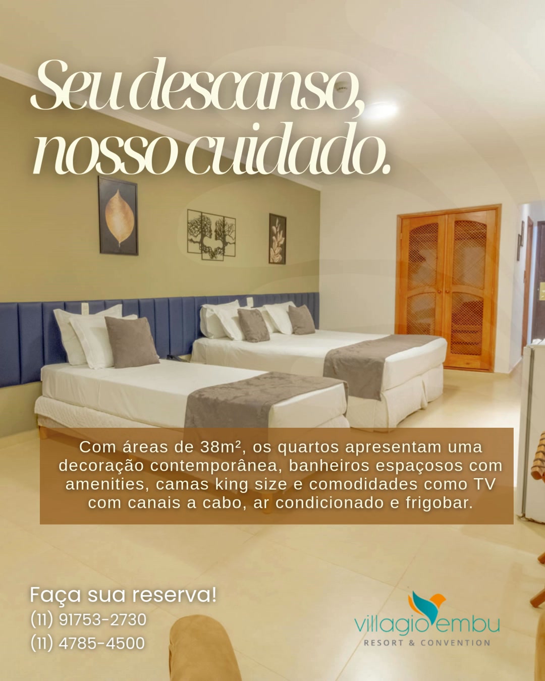 Conforto que transforma sua estada em experiência
No Villagio Embu, cada detalhe das acomodações foi pensado para proporcionar descanso, conforto e bem-estar. Nossos apartamentos, com 38m², combinam decoração contemporânea, modernidade e comodidade, criando o ambiente perfeito para relaxar.
As acomodações contam com camas king size, ar-condicionado, TV com canais a cabo, frigobar e banheiros amplos com amenities. Algumas opções ainda oferecem varandas com vistas panorâmicas ou detalhes de sofisticação, como banheiros com duas pias.
Aqui, cada momento da sua hospedagem é pensado para que conforto e sofisticação caminhem juntos.
✨ Ainda dá tempo de fazer sua reserva!
#VillagioEmbu #HospedagemComConforto #HotelEmbu #DescansoComEstilo #ViagemComConforto #HospedagemDeQualidade