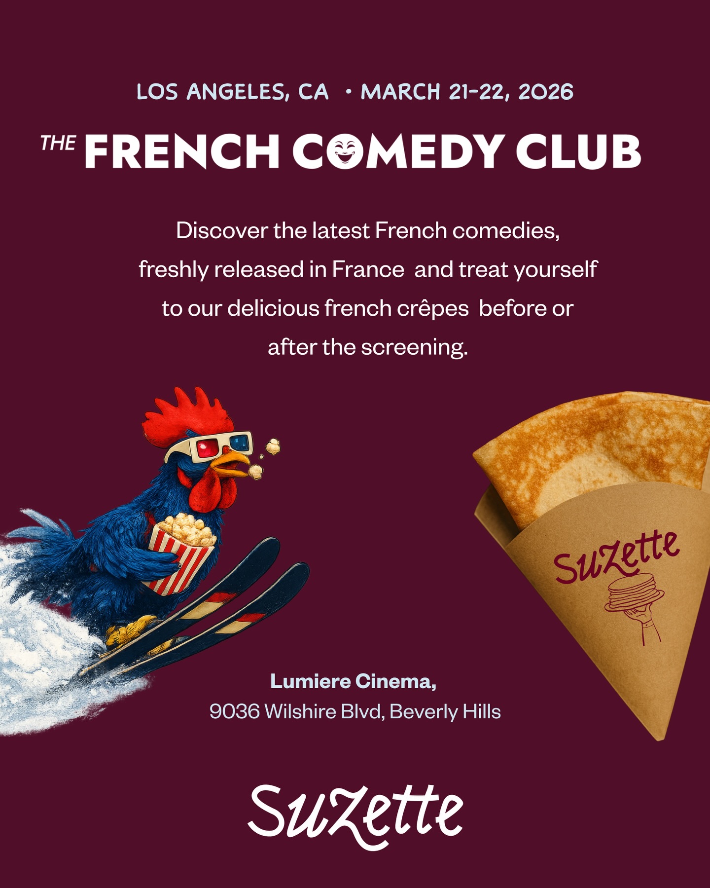 🎬🇫🇷 Excited to be part of the 6th edition of the French Comedy Festival in Los Angeles (March 21–22)!
Before or after the screening, come say hi and enjoy a freshly made traditional French crêpe from Suzette, a little taste of France to go with the films.
The screenings will take place at Lumiere Cinema, a charming independent movie theater in Beverly Hills located at:
📍 9036 Wilshire Blvd
Beverly Hills, CA 90211
Originally opened in the 1930s as the historic Music Hall theater, this venue has long been part of Los Angeles’ cinema history.
🎟 Tickets & info:
https://www.thefrenchcomedyclub.com
https://lumierecinemala.com