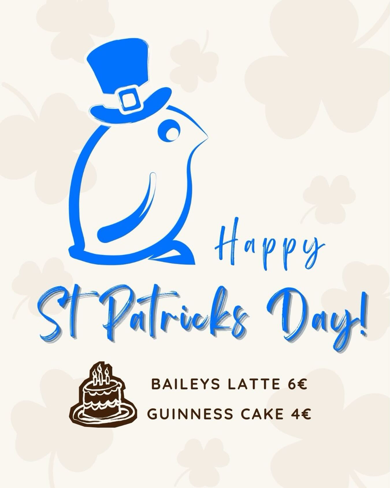 Tomorrow is St Patrick’s Day at Café Bluebird!
Come celebrate with Guinness Cake & Baileys Lattes!
17 March only ☘️
#guinnesscake #stpatricksday☘️ #baileys #coffee #cafebluebird