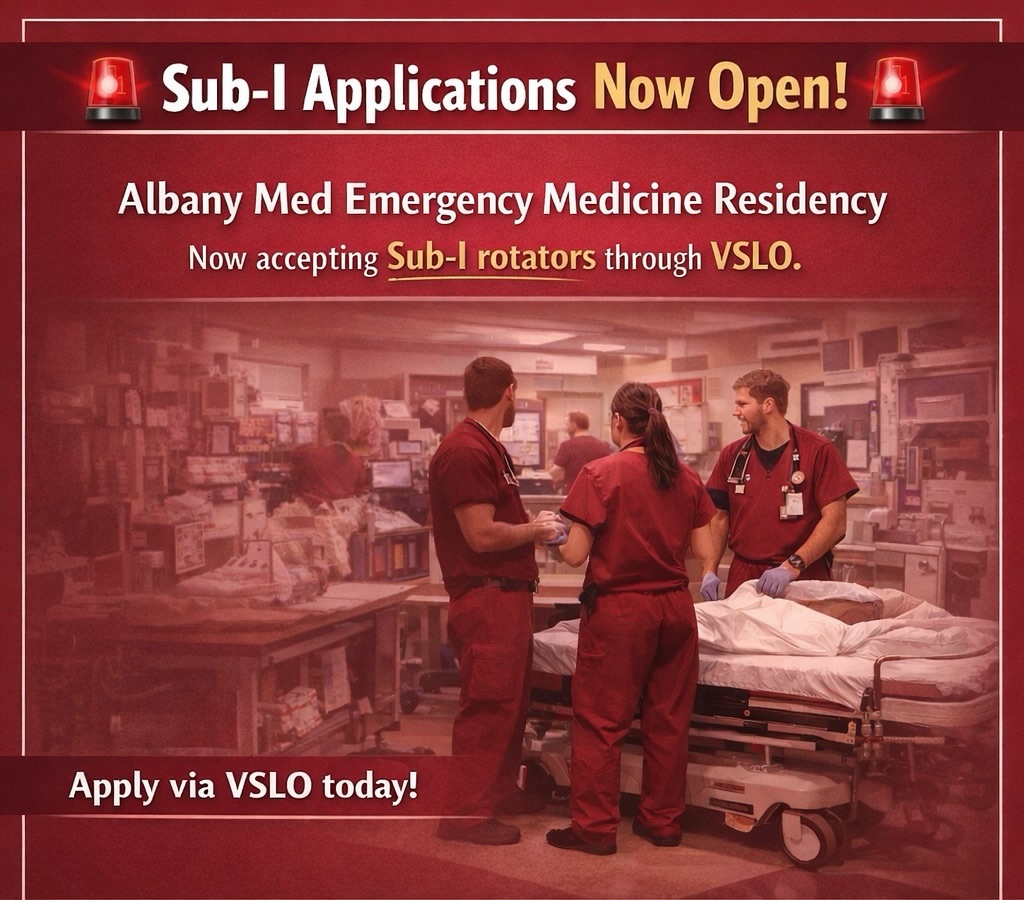VSLO is now open and accepting applications!!
Come rotate at a Level 1 Trauma Center, work alongside incredible residents and faculty, and experience the energy of the Albany Med ED.
Why rotate with us?
⚡ High-acuity pathology
👩⚕️ Hands-on clinical experience
🤝 Supportive resident culture
📚 Dedicated teaching & mentorship