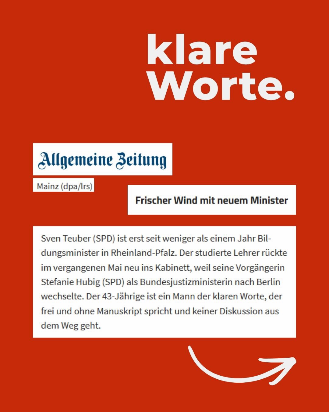 Stell dir vor, dein Kind startet jeden Tag in eine Zukunft, die wir gemeinsam gestalten – in Kitas und Schulen, die allen gleiche Chancen bieten.
Bildung ist ein zentrales Zukunftsthema für Rheinland-Pfalz – und es ist gut, dass darüber intensiv diskutiert wird. Umso mehr freue ich mich über die positive Resonanz in der Presse auf unseren Kurs in der Bildungspolitik.
Denn am Ende geht es um das Wichtigste: unsere Kinder.
Sie wachsen in Kitas und Schulen auf, entdecken ihre Stärken, stellen Fragen und entwickeln ihre Träume. Unsere Aufgabe ist es, dafür zu sorgen, dass sie die bestmöglichen Chancen bekommen.
Mein Anspruch ist klar: gute Kitas und gute Schulen für alle Kinder und Jugendlichen.
Dafür arbeiten wir an konkreten Verbesserungen im Alltag:
📚 komplette Lernmittelfreiheit für Familien
👩🏫 starke Fachkräfte und Lehrkräfte mit guten Bedingungen für ihre wichtige Arbeit
📊 moderne, datengestützte Bildungsentwicklung
🏫 gezielte Unterstützung für Einrichtungen mit besonderen Herausforderungen
Bildungspolitik braucht keine Schlagworte, sondern spürbare Weiterentwicklungen in Kitas und Klassenzimmern. Genau daran arbeiten wir – gemeinsam mit Fachkräften, Lehrkräften, Eltern und Kommunen. Danke allen, die sich jeden Tag um den Erfolg und das Wohlbefinden jedes Kindes kümmern.🙏🫶
Denn gute Bildung bedeutet vor allem eines: eine starke Zukunft für unsere Kinder und unser Land, das mit Zuversicht und Zusammenhalt erfolgreich wie lebenswert ist.
#RheinlandPfalz #Bildung #Kita #Schule #sventeuber