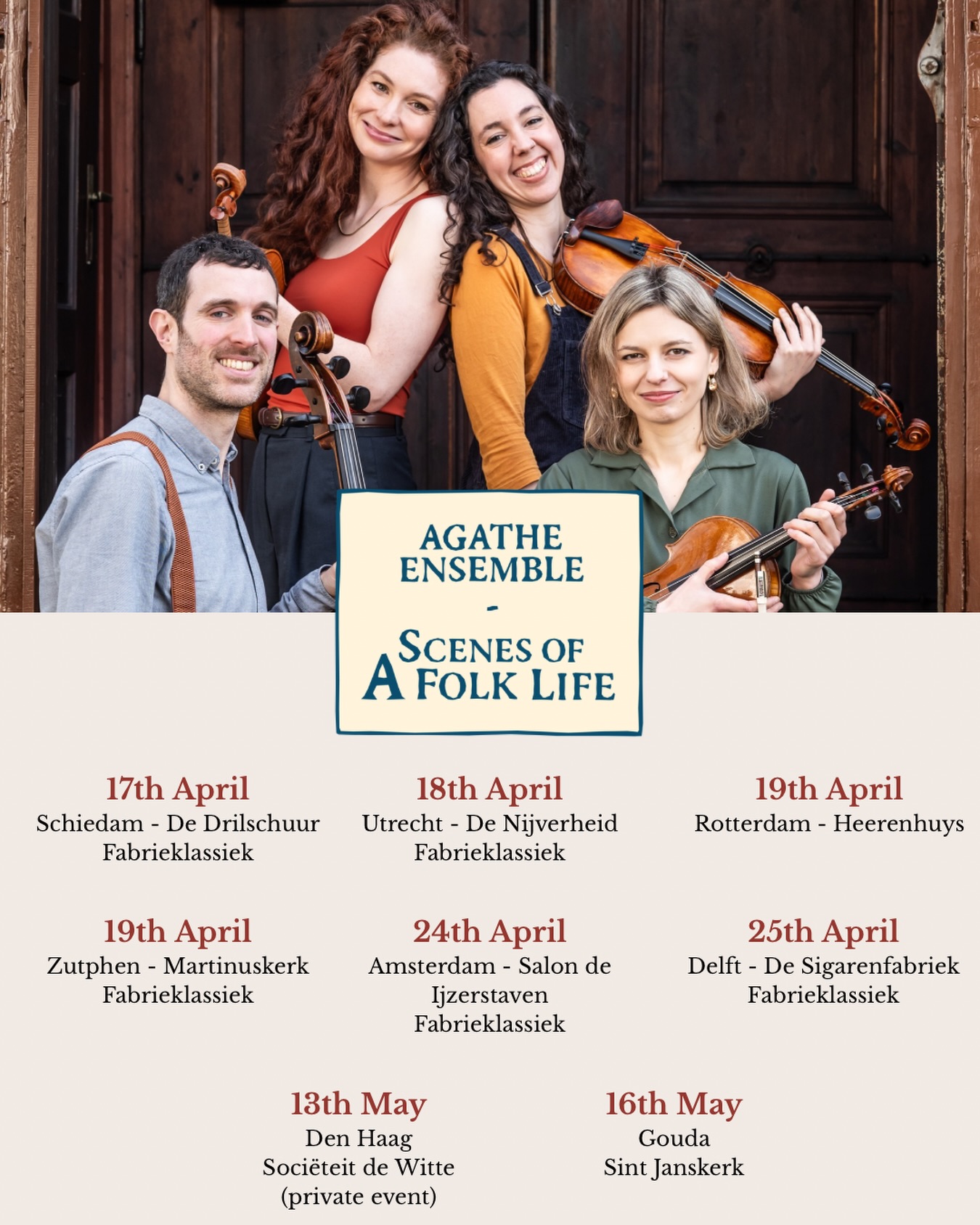🎉 We’re thrilled to share our upcoming concert dates for our 𝗮𝗹𝗯𝘂𝗺 𝗿𝗲𝗹𝗲𝗮𝘀𝗲! This is so exciting..!
𝗦𝗰𝗲𝗻𝗲𝘀 𝗼𝗳 𝗮 𝗙𝗼𝗹𝗸 𝗟𝗶𝗳𝗲 is the title of our new album, featuring Dutch, Swedish, and Norwegian music in our own arrangements. 🌿🎻
Five of these concerts are organised in collaboration with @fabrieklassiek, bringing this music to many different corners of the Netherlands.
This is a very special moment for us, and we’re really looking forward to sharing with you the work we’ve been carrying with us over the past year. We hope to see you at one of these concerts! 🎶❤️
Head to the link in our bio and check out our agenda for all the details. ✨