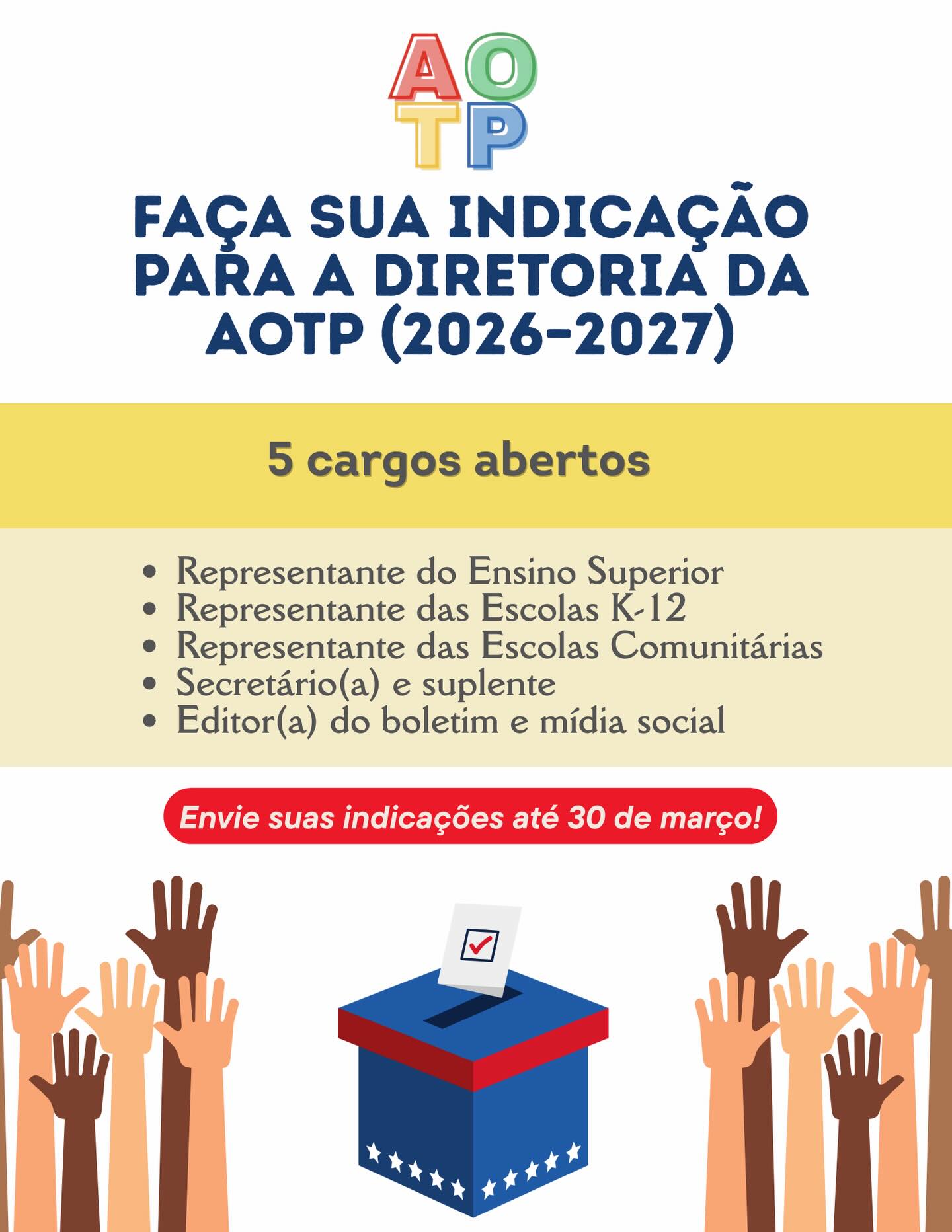 📣 Indicações abertas para a Diretoria da AOTP (2026–2027)!
A American Organization of Teachers of Portuguese convida seus membros a participarem do processo de indicação para a próxima diretoria. Este é um momento importante para fortalecer nossa comunidade e contribuir para o futuro do ensino de português.
✨ Cargos abertos:
• Representante do Ensino Superior
• Representante das Escolas K–12
• Representante das Escolas Comunitárias
• Secretário(a) e suplente
• Editor(a) do boletim e mídia social
🗓️ Prazo para envio das indicações: 30 de março.
🔗 Envie sua indicação pelo formulário:
https://forms.gle/gHGKaLGoW5V9C3jH9
Contamos com a sua participação para continuar fortalecendo a comunidade de professores de português!
#AOTP #PortugueseTeachers #EnsinoDePortuguês #PortugueseLanguag