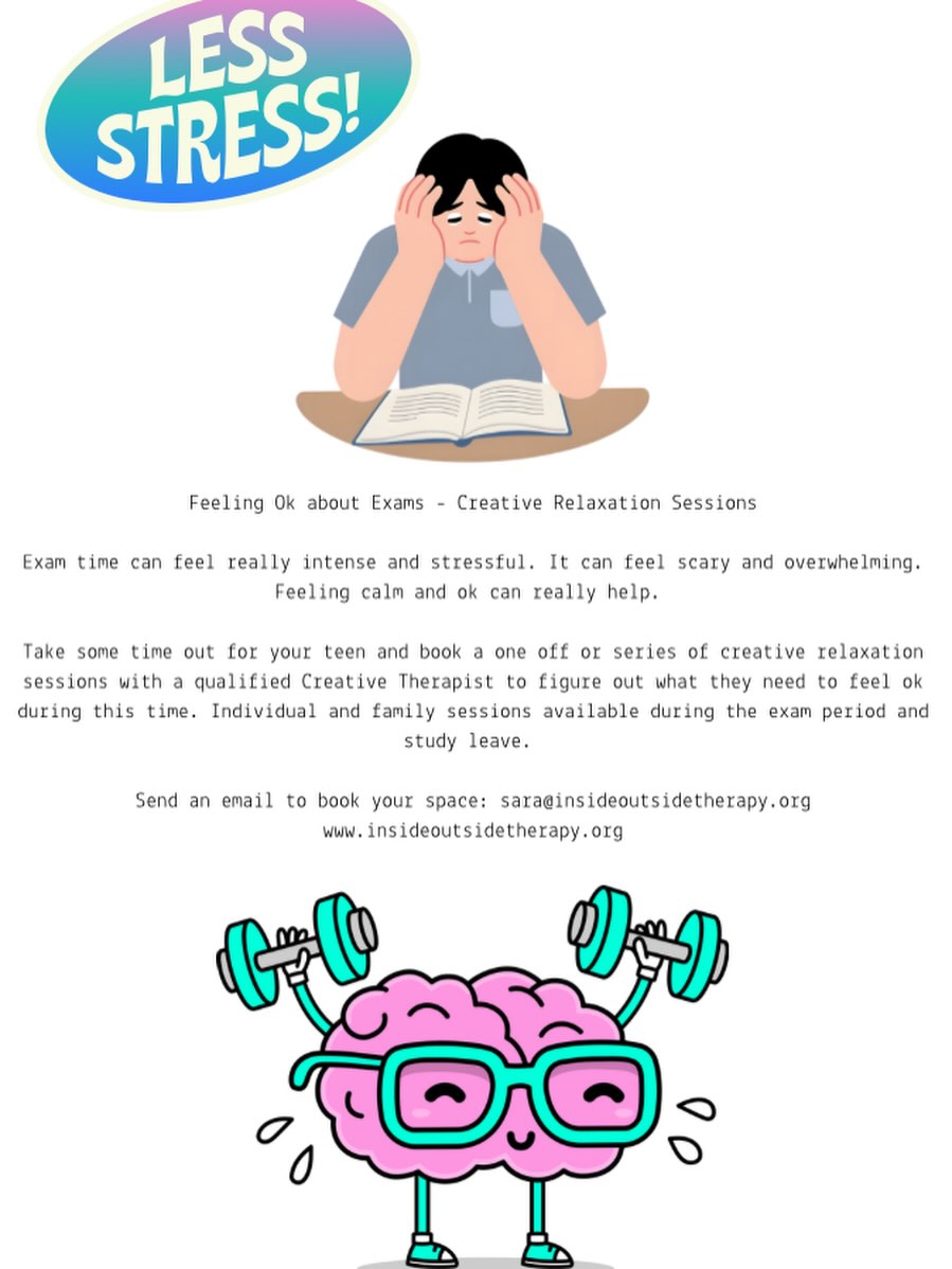 Less stress…feel ok during exam time. Book a space for your teen to attend a creative relaxation session at InsideOutside Therapy, The Hut, G63 9LQ #adolescentmentalhealth #calm #create #relax #less stress