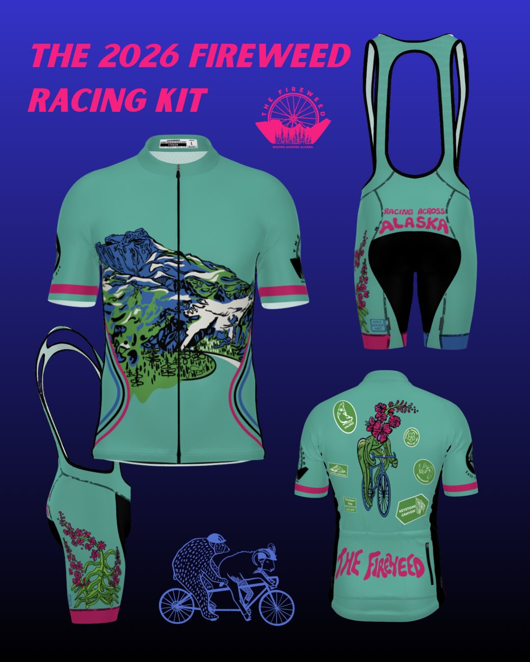 The 2026 Fireweed Racing Kit is here 🏁
Designed by local artist & Fireweed 2025 200mi solo racer @salt.chuck.art
Order your kit at jakroo.com through our team store “The Fireweed”. Shipping right to your door, so you can train in it before the big day.
#thefireweed #RacingAcrossAlaska #bikeAK #RidingForGood