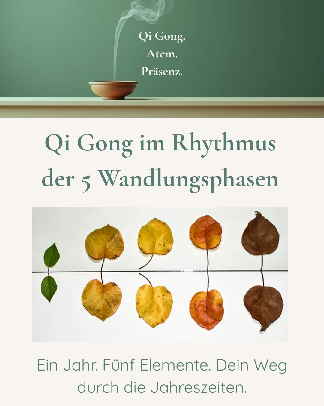 Die Natur folgt einem Rhythmus. Du auch.
Frühling bringt Aufbruch. Sommer bringt Fülle. Spätsommer bringt Zentrierung. Herbst bringt Klarheit. Winter bringt Ruhe.
Mit Qi Gong im Rhythmus der 5 Wandlungsphasen erlebst du diese natürlichen Zyklen bewusst – im Körper, im Atem, in deiner Energie.
5 Halbtage. 5 Elemente. 1 Jahr.
📅 Termine 2026:
18. April | 13. Juni | 15. August | 03. Oktober | 05. Dezember
📍 am-YOGA, Zofingen
⏰ 13:45 – 17:00 Uhr
👥 5–12 Teilnehmende
Was dich erwartet:
→ Qi Gong Praxis (jahreszeitlich ausgerichtet)
→ Atem & Regulation
→ Meditation & Stille
→ Kurze thematische Inputs
Keine Vorkenntnisse nötig. Für Einsteiger und Fortgeschrittene.
💰 Preis: CHF 390.– (gesamter Jahreskreis) | CHF 360.– (Treuepreis) | CHF 90.– (einzelne Halbtage)
📲 Jetzt buchen über den Link in der Bio oder schreib mir eine Mail: qigong@ausgeglichenheit.ch
Lass dich vom Rhythmus der Natur tragen.
#qigong #qigongschweiz #jahreskreis #ausgeglichenheit #méditation #stille #klarheit #stressreduktion #retreat #workshops #atem #atemübung