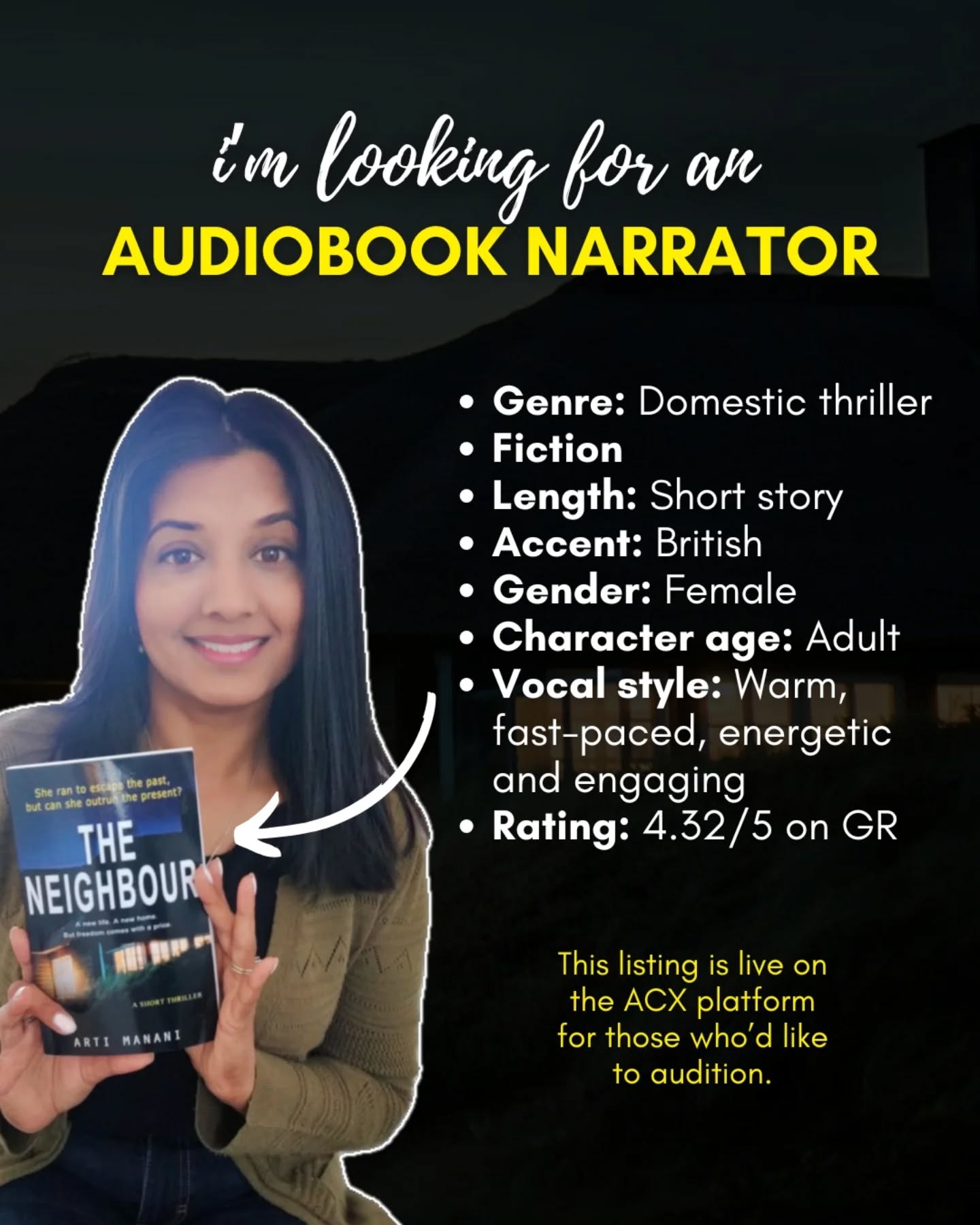 Have you ever had a neighbour who’s a little too interested in your life? Like, calm down, it’s not that exciting.
Have you ever thought they were just being friendly… until you realised they know things you never told them?
Have you ever caught them watching you? Just second long enough to wonder if it’s a coincidence. Long enough to know it isn’t.
She thought it was paranoia. It wasn’t.
In this short domestic thriller, Olivia escapes a violent relationship, only to face eerie warnings and an unsettling neighbour.
Currently available in paperback and eBook, and on Kindle Unlimited. And, as you can see, coming soon to Audible...
Auditions now open for this short, domestic thriller. Apply via ACX
#narrator #audiobooknarrator #acx