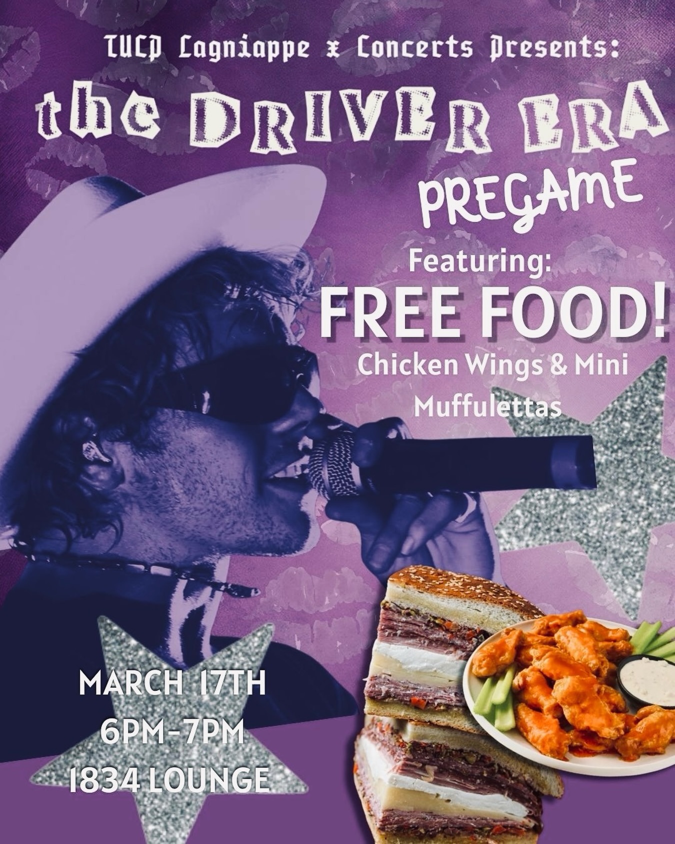 Getting excited for The Driver Era?? 🤠 Join us tomorrow in the 1834 LOUNGE at 6pm for FREE chicken wings and muffulettas at the Driver Era Pregame😋 ‼️ We’ve got a limited food, so show up early and we’ll see you tomorrow!