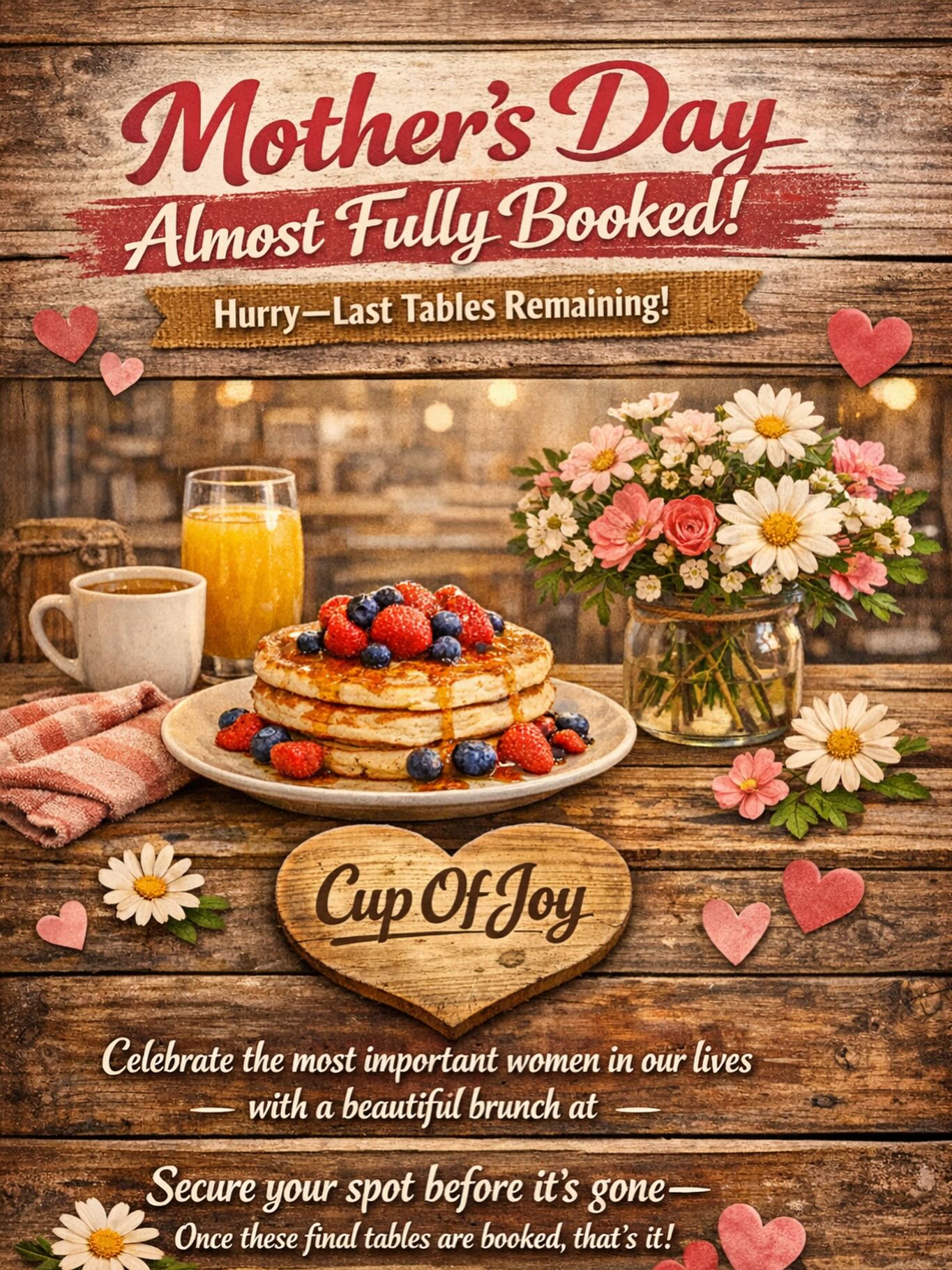 🌸 Mother’s Day Almost Fully Booked!
Hurry — last tables remaining!
Celebrate the most important women in our lives with a beautiful brunch at Cup Of Joy.
Secure your spot before it’s gone — once these final tables are booked, that’s it.
• #MothersDayBrunch
• #CupOfJoyLondon
• #CelebrateMum
• #BrunchWithLove
• #LastTablesRemaining
• BookNowLondon