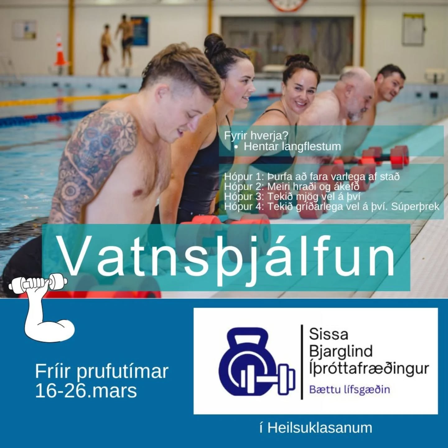 Ertu í Þríþraut, Hjólreiðum, Crossfit, BootCamp eða öðru krefjandi sporti? 🦾
.
Vantar þig meiri fjölbreytni í æfingar, endurheimtaræfingar, ert að glíma við meiðsli eða að öðrum orsökum þig vanti krefjandi æfingar með minni höggum og álagi á liði?
Þar sem þú kemur örþreyttur heim eftir þrekæfingu og styrktaræfingu í vatni?
.
Vittu til, þú áttar þig ekki á hversu erfið æfingin er 🙃😊
.
Velkomin að prófa Súperþrek í vatni (stig 4) sem fer fram Mán og miðvikudaga kl.19:30 í Mörkinni, Suðurlandsbraut 64.
.
Fyrir þau sem þurfa að passa álagið er betra að skoða hin stigin okkar, stig 1-3 sem eru með minni ákefð og álagi.
.
Sendu mér línu á sissa@klasinn.is fyrir frían prufutíma 🦾😊
.
#þríþraut #æfing #þolæfing #æfðu #bootcampiceland
