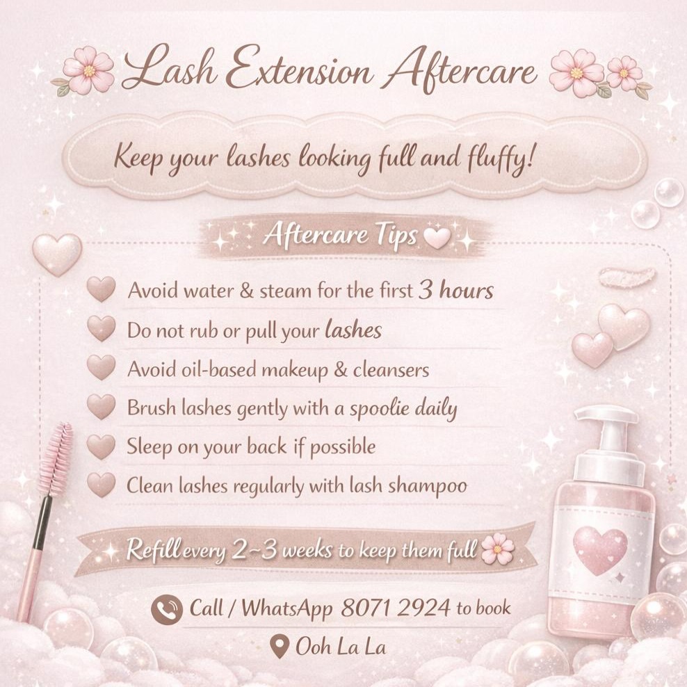 Baby your lashes the right way 💗
Proper aftercare keeps your lash extensions fluffy, clean and long-lasting ✨
☎️ 80712924