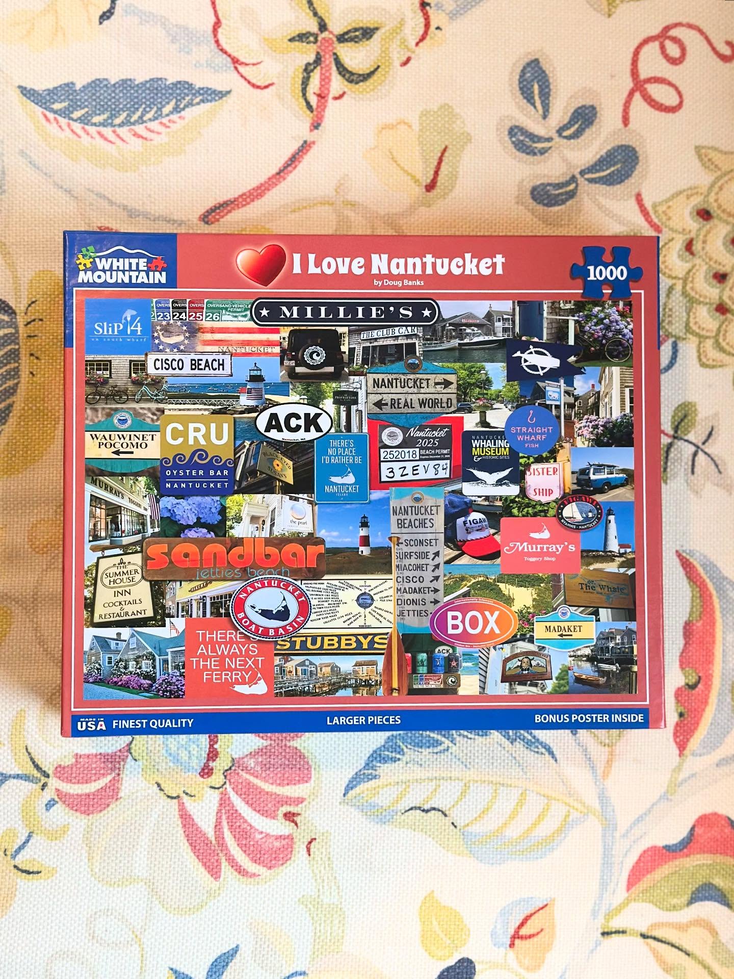 Do you love Nantucket? Check out our newest 1000 piece puzzle! Order yours at nantucketbookpartners.com under Nantucket merchandise or link in our story.
Set sail for summer memories with this charming Nantucket collage – a celebration of seaside icons, beloved eateries, and island landmarks. From Millie’s to Cisco Beach, the Whaling Museum to The Club Car, every image captures the magic and maritime charm of this coastal paradise. Artist Doug Banks allows you to bring the island spirit home – no sunscreen required. 1000 Pieces with a finished size of 24” x 30”.