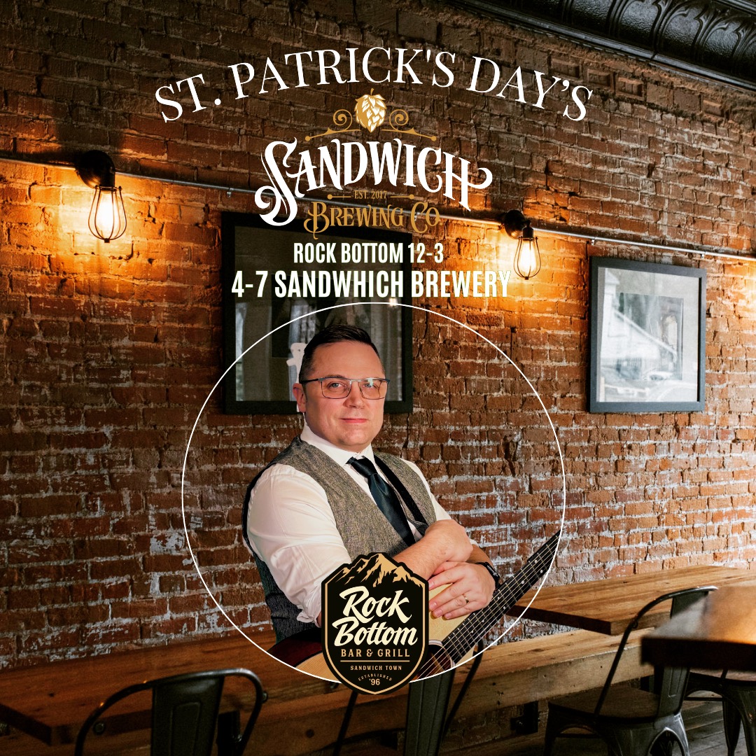 St Patrick's Day Performances @rock_bottom_bar_and_grill 12-3 @sandwichbrewing 4-7. Playing Irish music and taking requests. Incredible drink options and tasty Irish themed meals.