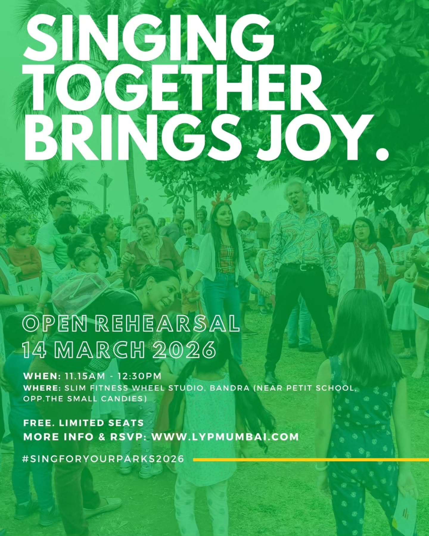 SingForYourParks is back!
LYPMumbai chorus and friends, let's go!
SAVE THE DATES:
Love Your Parks Mumbai invites you to a beautiful weekend:
SATURDAY, 14 March : Open rehearsal - community choir singing workshop Saturday morning
Free. Limited seats. More info and RSVP on www.lypmumbai.com (link in stories too)
SUNDAY, 15 March
Lots of fun for all ages, Free and open to all
Check posters for all info :)
LYPMumbai chorus brings us hope.
Choir director: Petra Misquita ft. Rising Voices
Music can change the world. And it's always better when we're together! Do you agree?
Tag someone who should sing with us!
Join us as we fill our parks with music this season!
#loveyourparksmumbai #loveyourparksdays
#singforyourparks