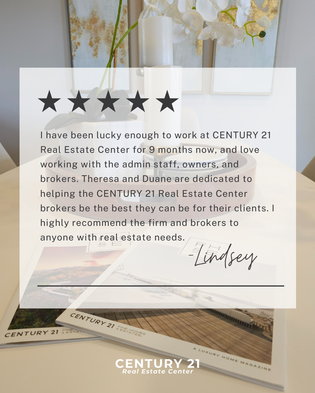 Behind every great real estate team is a leadership team that truly supports their agents 🌟 Thank you, Lindsey, for the kind words!
#OfficeCulture #C21RealEstateCenter #AgentSupport #FiveStars