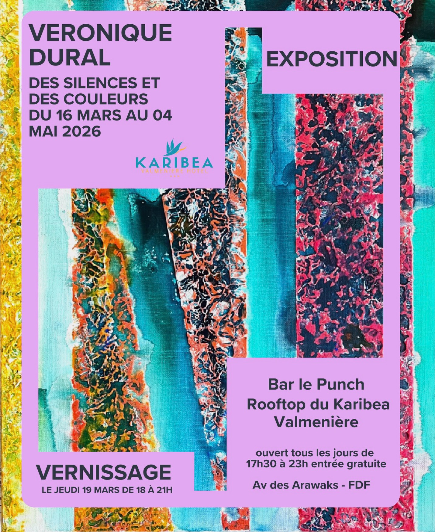 🎨 JEUDI 19 MARS — VERNISSAGE
Et si on se retrouvait pour une soirée entre art, musique et horizon marin ?
Je vous invite à découvrir ma nouvelle expo
« Des silences et des couleurs ».
🕕 Accueil dès 18h
🎶 Musique live avec DJ à 19h
🌙 Jusqu’à 22h
📍 Rooftop – Bar Le Punch
Karibea Valmenière – Fort-de-France
Entrée libre.
Passez boire un verre, regarder les toiles… ou simplement partager un moment.
Hâte de vous y retrouver. ✨
#vernissage #artmartinique #martinique #artabstrait #peintureabstraite