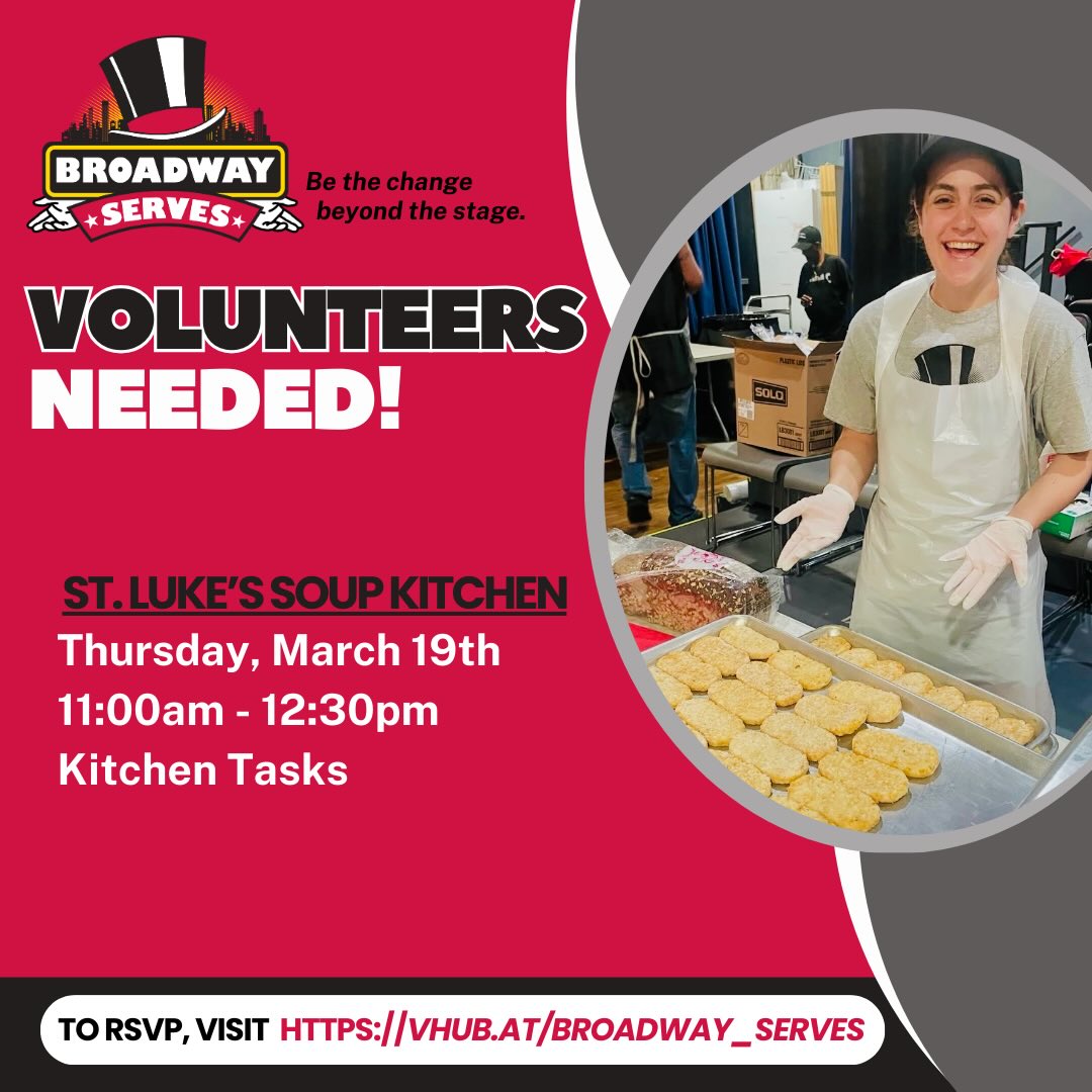 👩🏽🍳 VOLUNTEERS NEEDED 👨🏾🍳
St. Luke’s Soup Kitchen (Kitchen Tasks) on 3/19… 11am-12:30pm.
We are currently seeking volunteers to assist with prepping meals, organizing food donations, and other kitchen duties at @stlukessoupkitchen_nyc !
To join us, click the link in our bio! For more information, email info@broadwayserves.org.