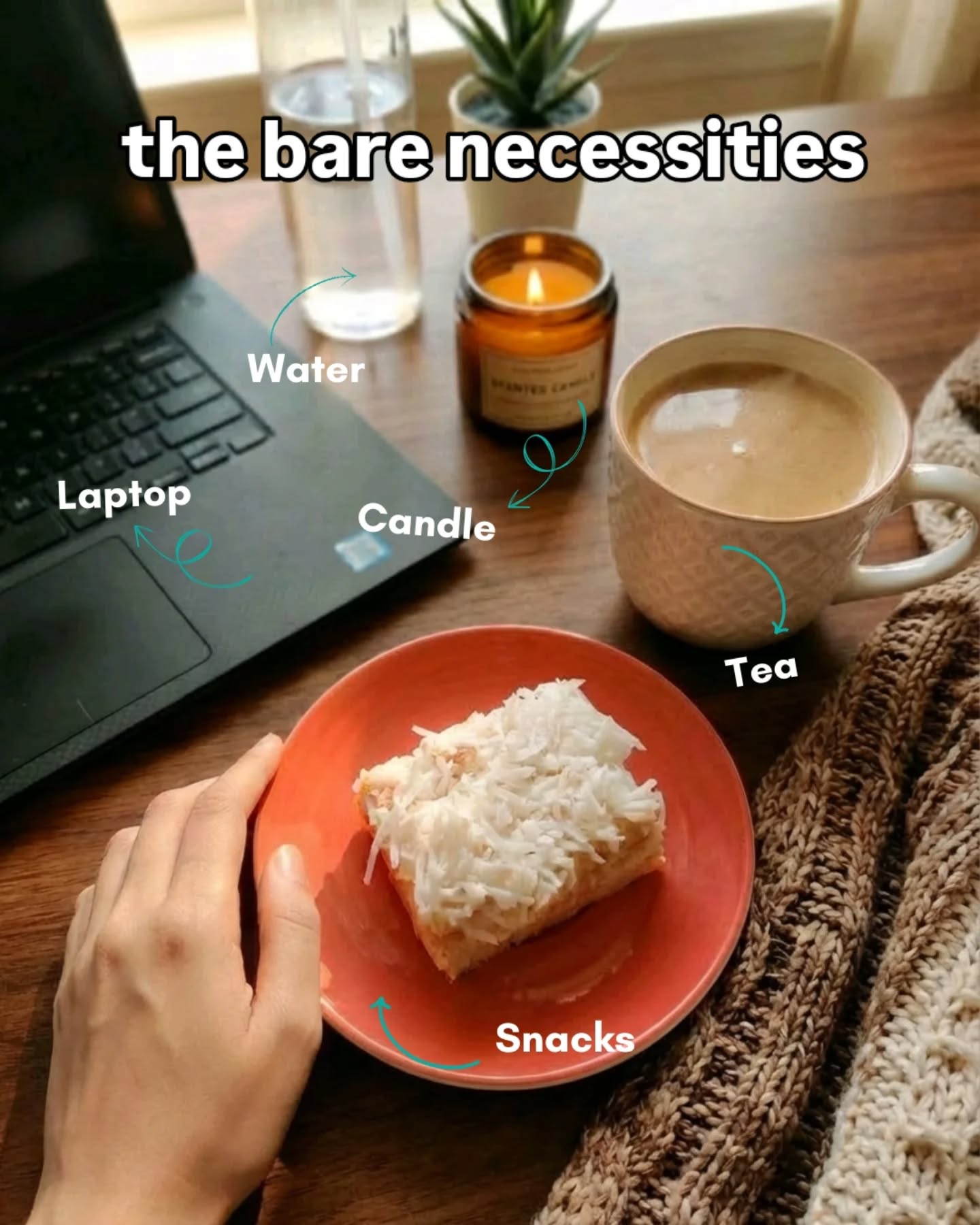 The bare necessities of writing: tea, laptop, water, snacks and silence.
This is pretty much all I need when writing. Because who wouldn't want a cake and a comfort drink while committing multiple crimes? (On paper of course!)