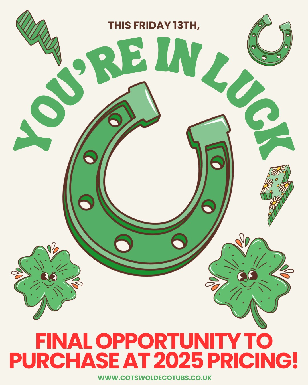 Make this Friday 13th your luckiest day ever - FINAL OPPORTUNITY TO PURCHASE AT OUR 2025 PRICING ✨ Price increase incoming Monday 16th March. #cotswoldecotubs #HotTubCare #EcoSoak #sustainablesparkle #woodfiredhottubs #hottubsofinstagram #woodfiredhottub #homeandgarden #lifestyle #gardenlife #gardenlove #luxurygarden #gardenfurniture #poolmaintenance #gardendesignideas #hottublife #relaxation #spa #selfcare #relaxtime