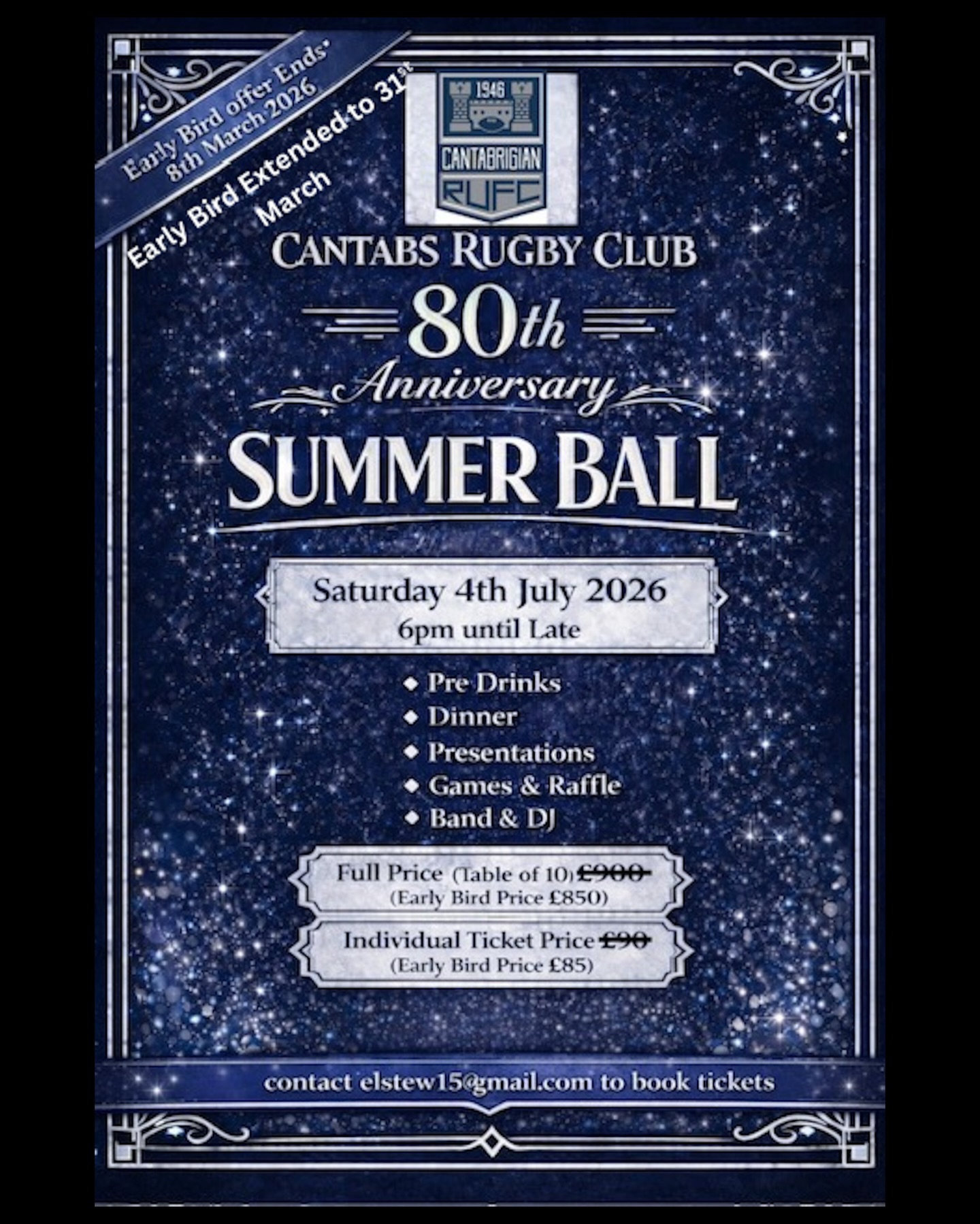 🎉CANTABS 80th ANNIVERSARY BALL🎉
We are very excited to share with you, the details of our summer ball!
Held at Cantabs on Saturday 4th July 2026.
Our early bird offer has been extended to 31st March, so get your tickets quickly, before they sell out!
We’d love to have you join us 💙🤍💙
See poster for ticket details ⬆️
#rugby #cantabs #cantabsrugby #cantabsball #2026