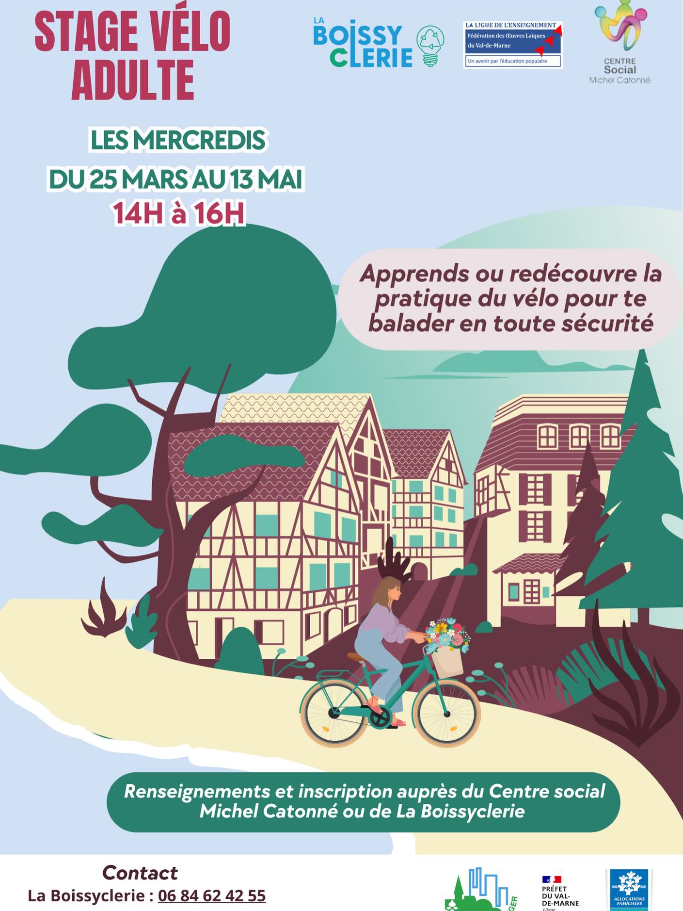 Tu n’as jamais appris à faire du vélo ou tu veux simplement reprendre confiance ? Viens pédaler avec nous et le Centre Social Michel Catonné ! Nous te proposons un stage de 6 séances pour apprendre en douceur et retrouver l’équilibre dans une ambiance conviviale. Inscriptions par téléphone ou par SMS : 06 84 62 42 55 / 01 45 69 70 33