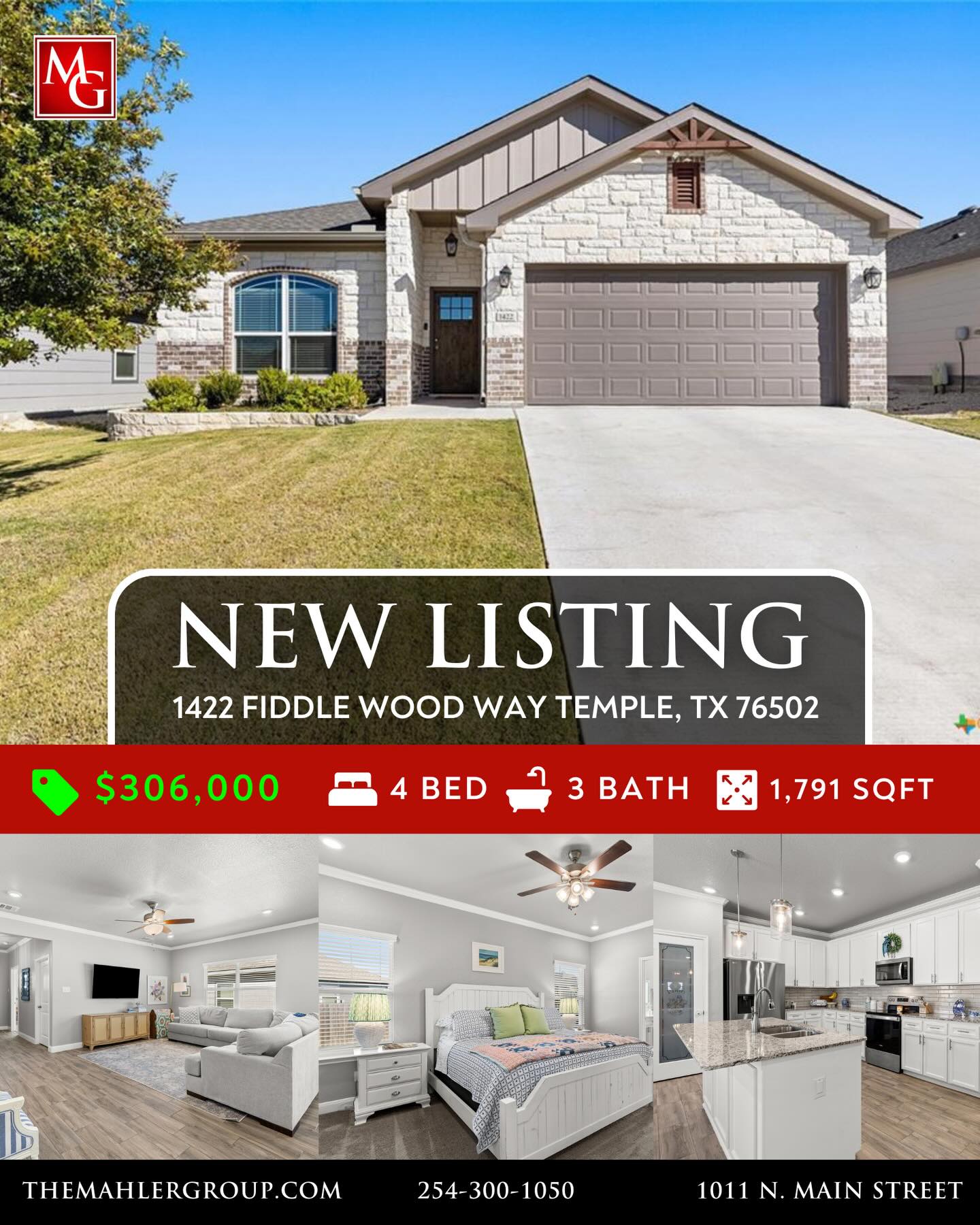 NEW LISTING AVAILABLE! 🏡🔑
1422 Fiddle Wood Way Temple, TX 76502
4 Bed/3 Bath 1791 Sqft
$306,000
STUNNING 4-BEDROOM, 3-BATH HOME SHOWCASING EXCEPTIONAL QUALITY BY JERRY WRIGHT HOMES. From the moment you arrive, the curb appeal shines with an Austin stone and brick exterior accented by board-and-batten details and charming craftsman touches—plus a gutter system for easy maintenance. Inside, a huge great room brings the kitchen, living, and dining spaces together in one open, airy layout—surrounded in crown molding & perfect for entertaining while offering plenty of flexibility for furniture arrangements and gathering zones. The light and bright island kitchen is a true centerpiece, featuring a plethora of cabinets, stainless steel appliances, granite countertops with an attractive backsplash, and a dedicated pantry for extra storage. “Room for a crowd” adequately describes the spacious dining area, complete with a window cut-out and just steps from the backyard door for easy indoor/outdoor flow. A smart split-bedroom design provides privacy for everyone, including a standout bedroom right off the entry with its own ensuite bath—ideal for guests, teens, older parents, or a private home office. The other two secondary bedrooms are good sizes and are steps away from both laundry room & third bath. The primary suite is a relaxing retreat and opens into a double-vanity bath complete with a private toilet, soaking tub and separate shower. Outside, everything is already in place: a fully covered back patio, beautiful landscaping, & a sprinkler system surrounded by a privacy fence. Move-in ready and packed with thoughtful features—don’t miss this one! Ideal possession: May/June timeframe.