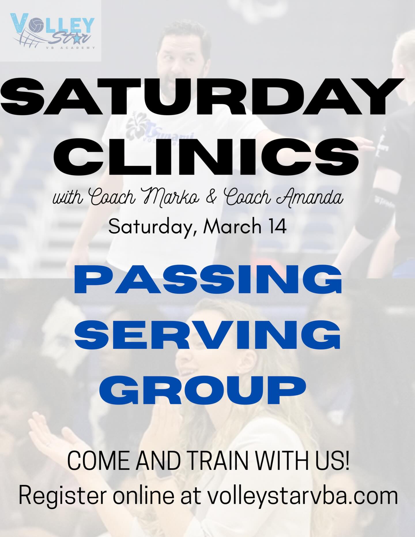 Come see us tomorrow!
Our spring skills clinics kicks off tomorrow and we have:
✨Passing: 10-11am
✨Serving 10:30-11:30am
✨Group Training 11:30-1pm
For exact times and to register go to:
volleystarvba.com