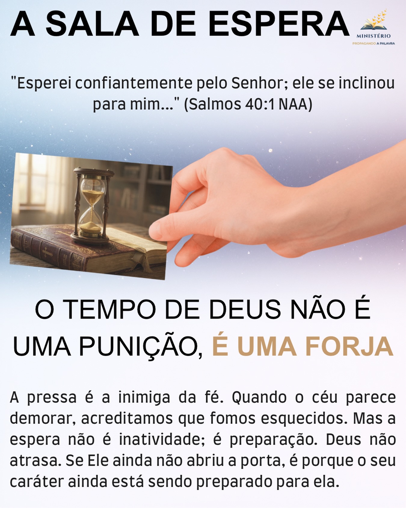 O tempo de Deus não é uma punição, é uma forja. ⏳📖
Meu irmão, nós somos a geração do imediato. Fomos condicionados a acreditar que a velocidade é sinónimo de eficiência e, inevitavelmente, projetamos essa pressa em Deus. Quando o céu se cala e a resposta demora, começamos a acreditar na mentira de que fomos esquecidos na sala de espera.
Mas a espera de Deus nunca é um lugar de inatividade ou punição. O silêncio dEle não é ausência; é preparação. Muitas vezes, se Deus entregasse o que você pede na hora exata em que você pede, o peso da resposta esmagaria o seu caráter.
A espera forja a nossa paciência e nos ensina que o Abençoador é muito mais importante do que a bênção. Deus não está apenas a preparar a promessa para você; Ele está, principalmente, a preparar você para receber a promessa.
Em vez de perguntar “Até quando, Senhor?”, comece a perguntar “O que o Senhor me quer ensinar enquanto eu espero?”. Existe um milagre de transformação a acontecer dentro de você agora mesmo. O relógio de Deus não se atrasa.
🌍 Este devocional faz parte do livro Quando o Coração Cansa: Evangelho para Quem Está no Limite, uma jornada de 49 dias para quem precisa de redescobrir o descanso da graça. Adquira o seu exemplar no link da Bio.
#QuandoOCoracaoCansa #TempoDeDeus #EsperaEmDeus #PastorFlavioMacieira #DescansoEmDeus