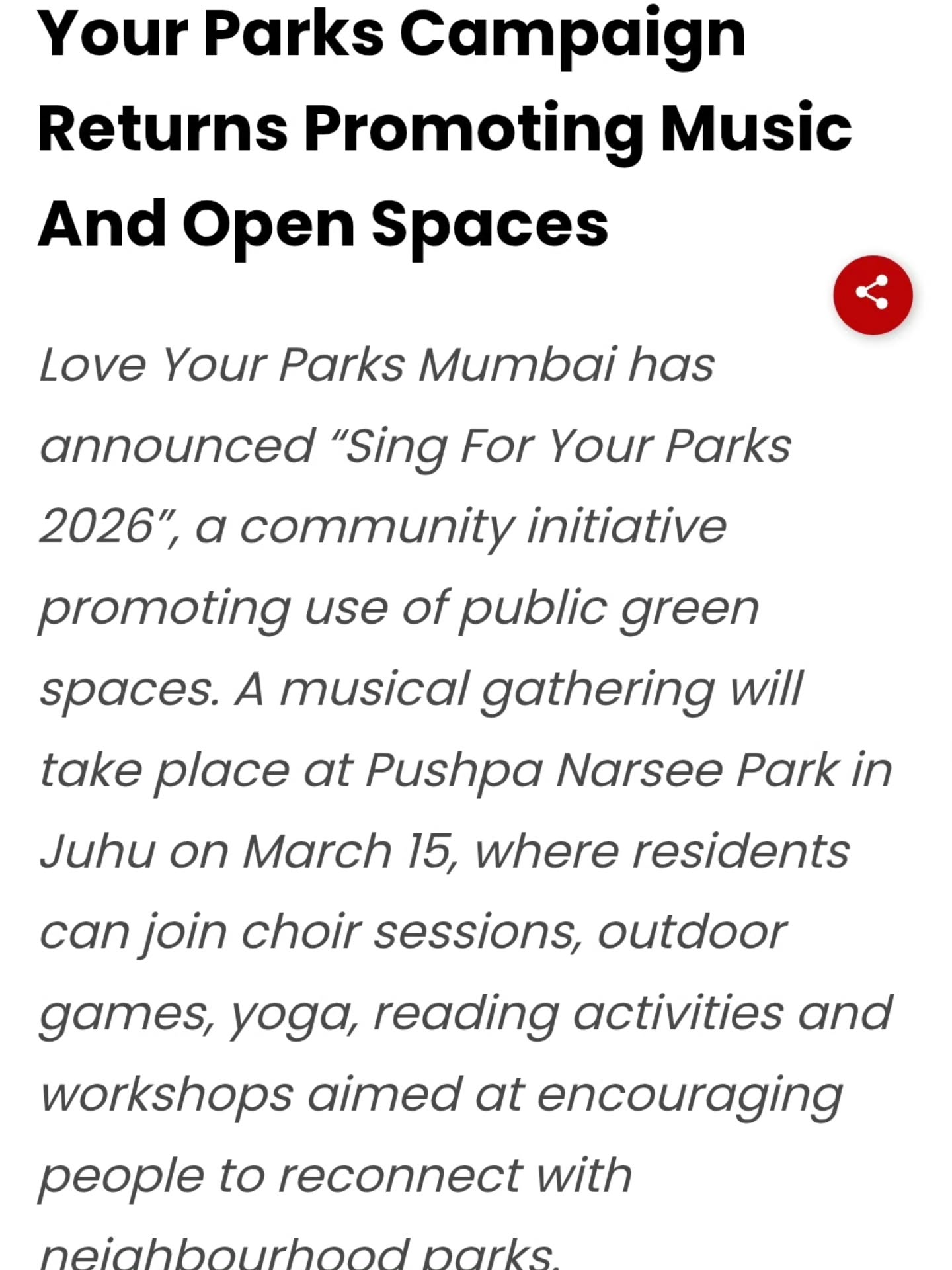 💚Sing For Your Parks 2026 is here!
Join us for the open rehearsal today 11.15 am!
🌱And see you at the park tomorrow! Lots of surprises in store for all ages!
#singforyourparks #loveyourparksmumbai
#loveyourparksdays