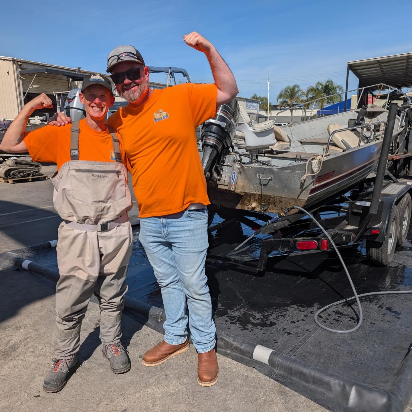 Practice makes perfect! Here Beth and Lonnie are performing a decontamination on a golden mussel infested boat at the Delta.
Photo credit to Hailey Norman and Beth Steinkraus