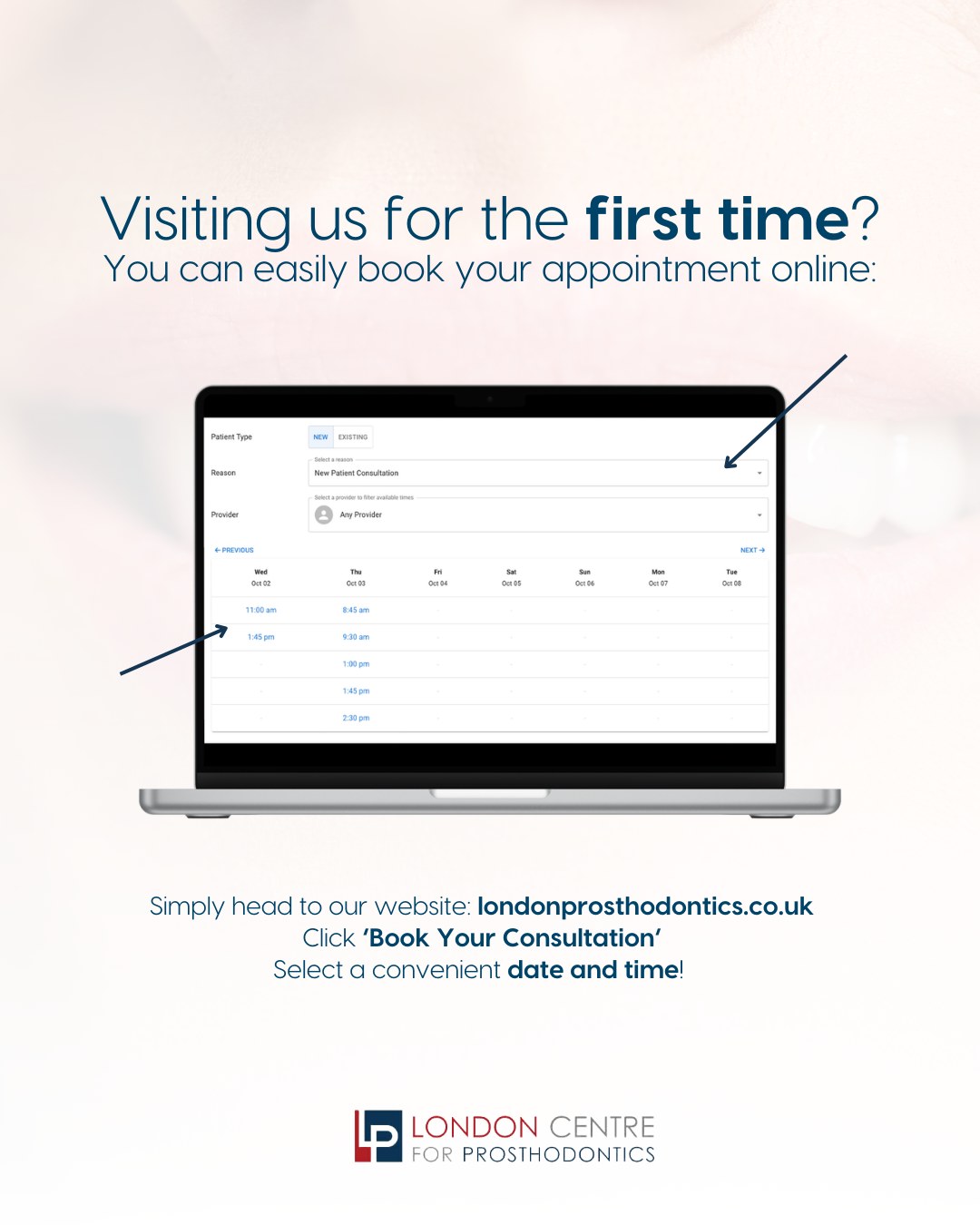 Visiting us for the first time? You can book your consultation online in just a few clicks 💫
● Head to our website: londonprosthodontics.co.uk
● Tap ‘Book Your Consultation’
● Choose a date and time that works for you
● That’s it - your first visit is confirmed!
We can’t wait to welcome you to the practice and help you take the next step towards a healthy, confident smile 🦷
Get in touch with our team to book your appointment - we look forward to seeing you soon!
The London Centre For Prosthodontics
29 Weymouth Street
London, W1G 7DB
020 7637 4518
info@londonprosthodontics.com
Monday - Friday: 7:30am - 4:30pm
#SmileMakeover #EmergencyDentistLondon #LondonDentalClinic #SmileTransformation #CosmeticDentistLondon
