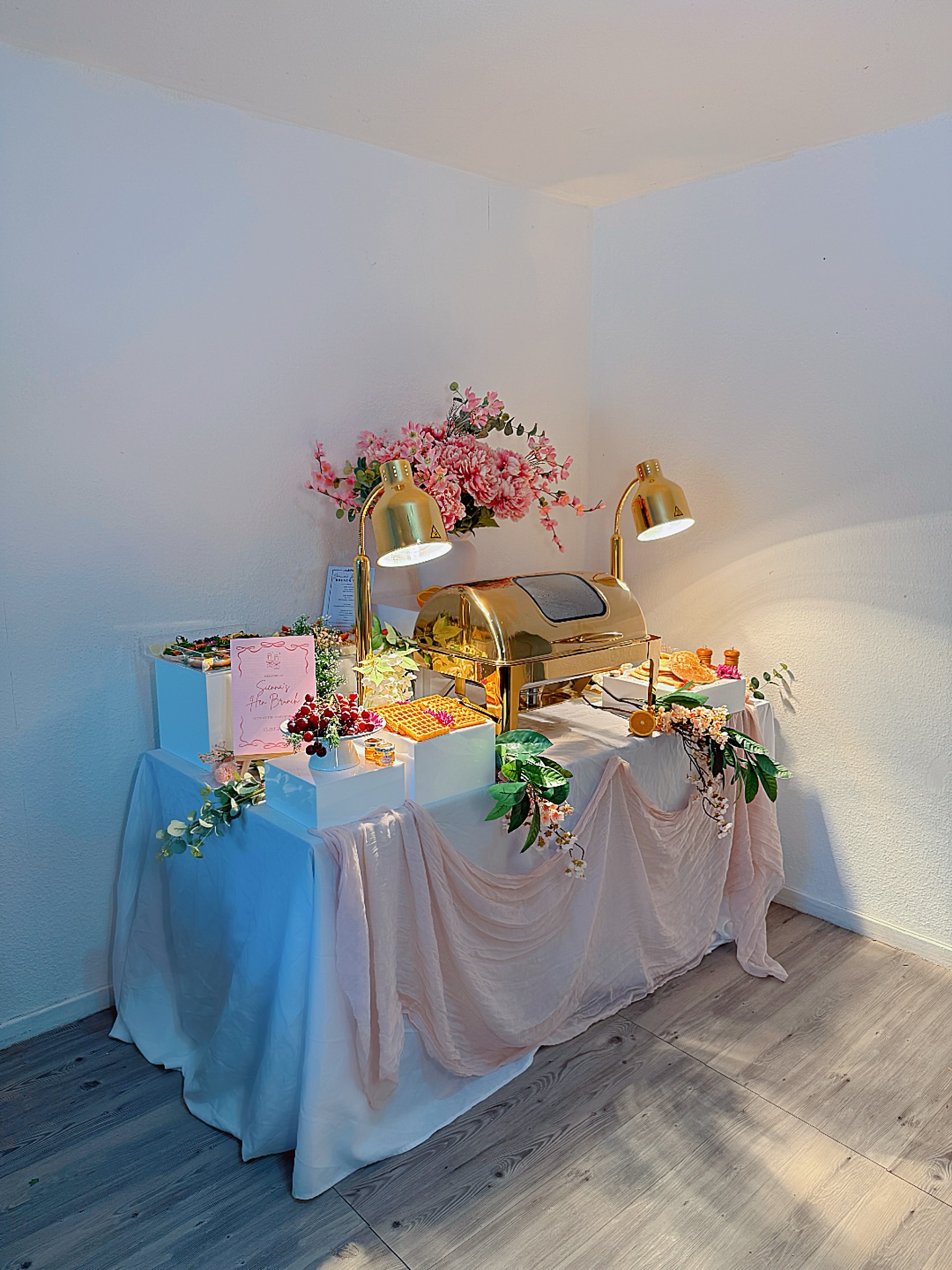 Premium Brunch Table 🌺
As we’ve received many enquiries regarding this setup, here are a few key points about our bookings:
CUSTOMISATION
The brunch menu can be customised to include additional hot and/or cold options. We are also currently working on expanding our offerings to include a dinner service featuring delicious, hearty meals, so keep an eye out for the upcoming Platters & Boards menu.
DESIGN
Each table is bespoke and styled to suit the theme and aesthetic of your event. We create personalised signage and adjust the décor based on your preferences to ensure the setup perfectly matches your vision.
TIMING
Each booking lasts up to two hours, with the option to extend depending on your event schedule. Setup time requires a minimum of two hours depending on the size of the table. This allows us to prepare the visual elements first and then add the food at the appropriate time to ensure it is served at the best possible temperature.