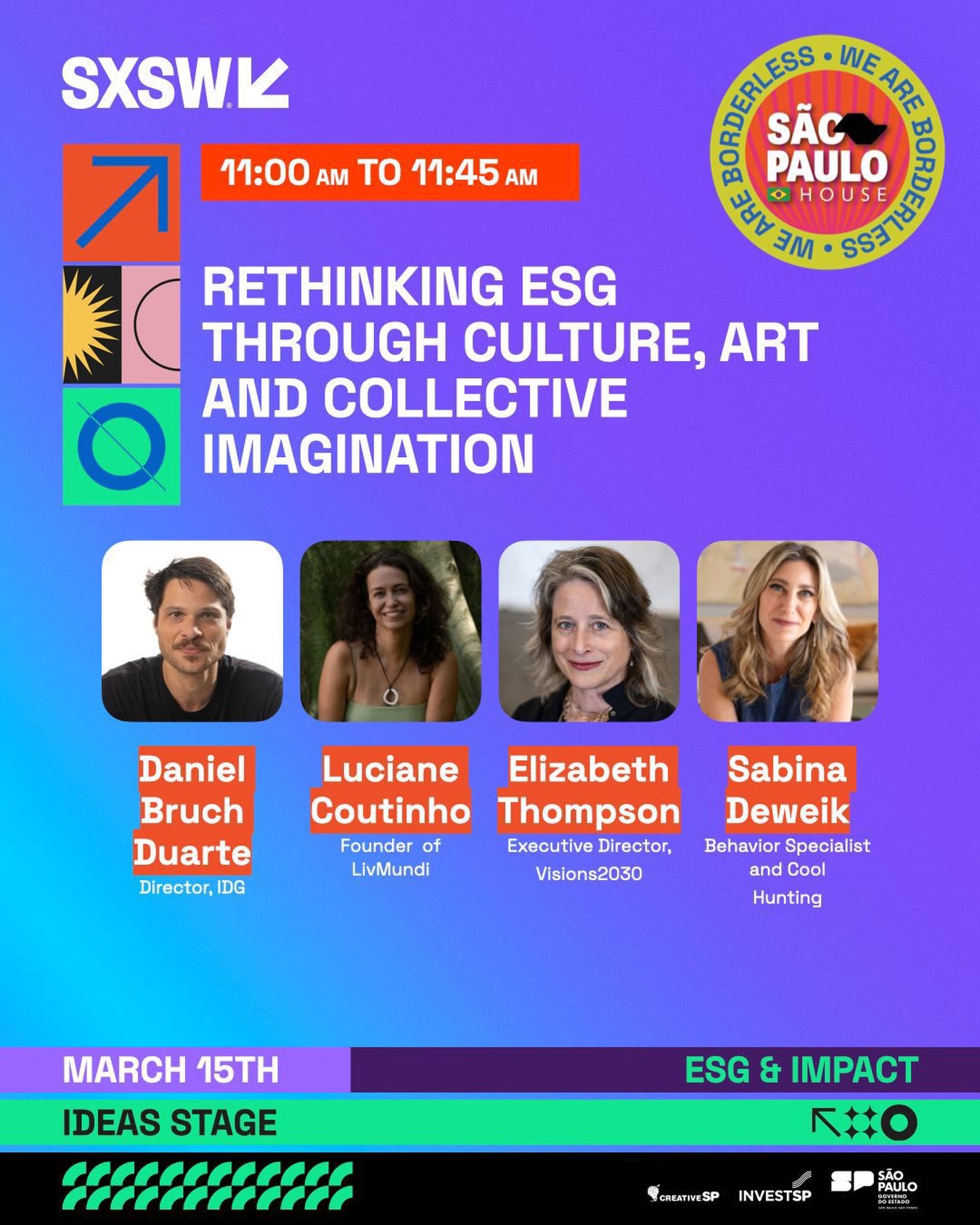 Repensar ESG através da cultura, arte e imaginação coletiva: este é o desafio que vamos explorar em nosso painel coletivo na @sphouse, em Austin!
Em um momento de crises ambientais, sociais e éticas interconectadas, como podemos ampliar nossas visões de mundo para atuar no presente e imaginar futuros positivos?
Este ano, a SP House vem ao SXSW maior, mais conectada e global do que nunca. Um hub de criadores, líderes, artistas e empreendedores engajados em posicionar o ecossistema criativo brasileiro em contato com o mundo.
Ao lado de outros nomes que vêm investigando sinais culturais, tecnológicos e educacionais do nosso tempo, queremos refletir sobre um ponto central: será preciso sensibilidade e perspectivas plurais para expandir nossas consciências e abrir novas possibilidades para o futuro
Se você estiver em Austin neste fim de semana para o SXSW 26, te convido a participar dessa conversa e refletirmos sobre os futuros que precisamos construir juntos!
🗓️ 15 de março, domingo, das 11h às 11h45.
#SabinaDeweik #SXSW26 #SPHouse