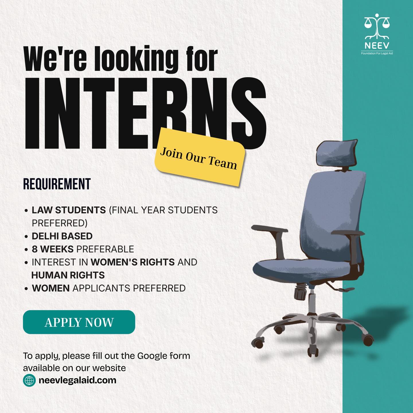 🌟 Join Neev Foundation for Legal Aid as an Intern! 🌟
Passionate about justice and human rights? We’re looking for 2 dynamic interns to assist in litigation and community engagement in Delhi.
📌 Qualifications:
- Enrolled in 3/5 year law or MSW, preference for final year students
- Strong skills in mobilization, public outreach, legal documentation, and more
- Proficiency in Hindi and English
- Willingness to travel extensively
📌 Role:
- Support our team in litigation and legal aid
- Conduct fieldwork, community engagement, and policy research
- Translate legal info into accessible publications
🗓️ Internship Duration: 8-12 weeks (extendable)
📍 Location: Mayur Vihar, Delhi (In-person only)
Ready to make a difference? Apply now!
https://forms.gle/L3vGJiz8EJuZoyvt6
(Link in Bio!)
📧 Queries: neevaccesstojustice@gmail.com
#LegalAid #HumanRights #Internship #JoinUs #DelhiJobs CommunityEngagement