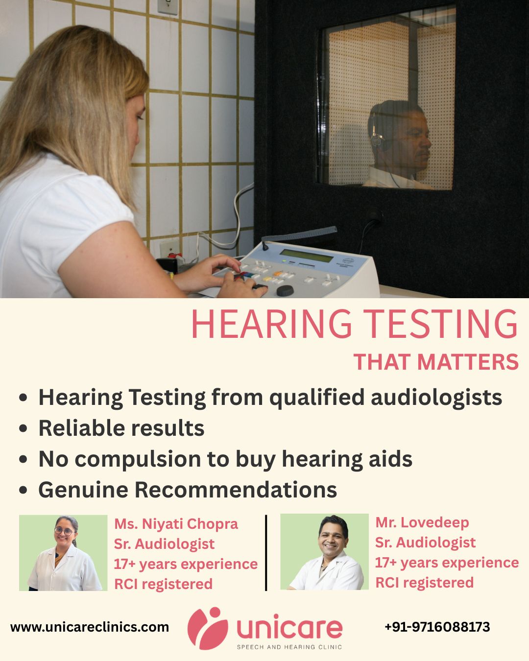 ✨ Your Hearing Deserves the Best ✨
At Unicare Speech & Hearing Clinic, we don’t believe in shortcuts or sales traps. Many clinics lure patients with discounted hearing tests—but these often compromise on quality and push unnecessary hearing aids.
👩⚕️ With qualified audiologists, advanced equipment, and years of trusted experience, we provide accurate, ethical, and high-standard hearing evaluations for both children and adults.
💡 That’s why Unicare is the most trusted clinic in Delhi NCR for pediatric and adult hearing care.
Because your hearing health is too important to risk. 🏥👂
👉 Book your appointment today and experience care you can trust.
#UnicareClinic #Audiology #HearingCare #DelhiNCR #TrustedClinic #PediatricAudiology #AdultHearingCare #EthicalHealthcare