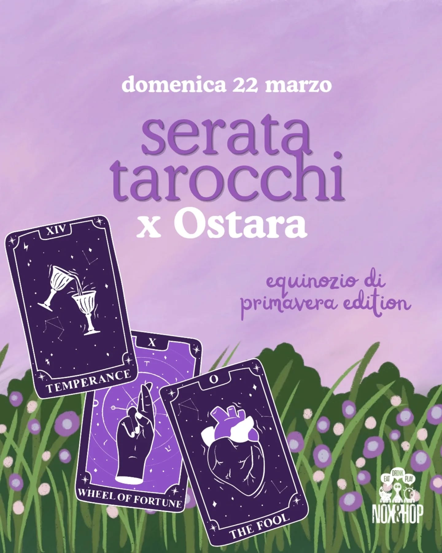 🔮 Serata Tarocchi
Domenica 22 marzo, per celebrare l'equinozio di primavera e il risveglio della natura, ti regaliamo una lettura a tema!
COME FUNZIONA:
Spendi almeno 10€ e, al momento del pagamento, ottieni 1 token valido per una lettura di tarocchi
📣 Le letture durano in media 10-15 minuti ciascuna. Ricorda di non aspettare troppo per ritirare il tuo token, potresti dover fare una lunga fila o non riuscire a scoprire cosa ti riserva il destino (anche i cartomanti a un certo punto vanno a letto)!
Per info e prenotazioni (solo a cena) scrivici qua o su wa 351 6941458
📍Nox&Hop - viale ivo montagni 190 limite sull'arno (FI)