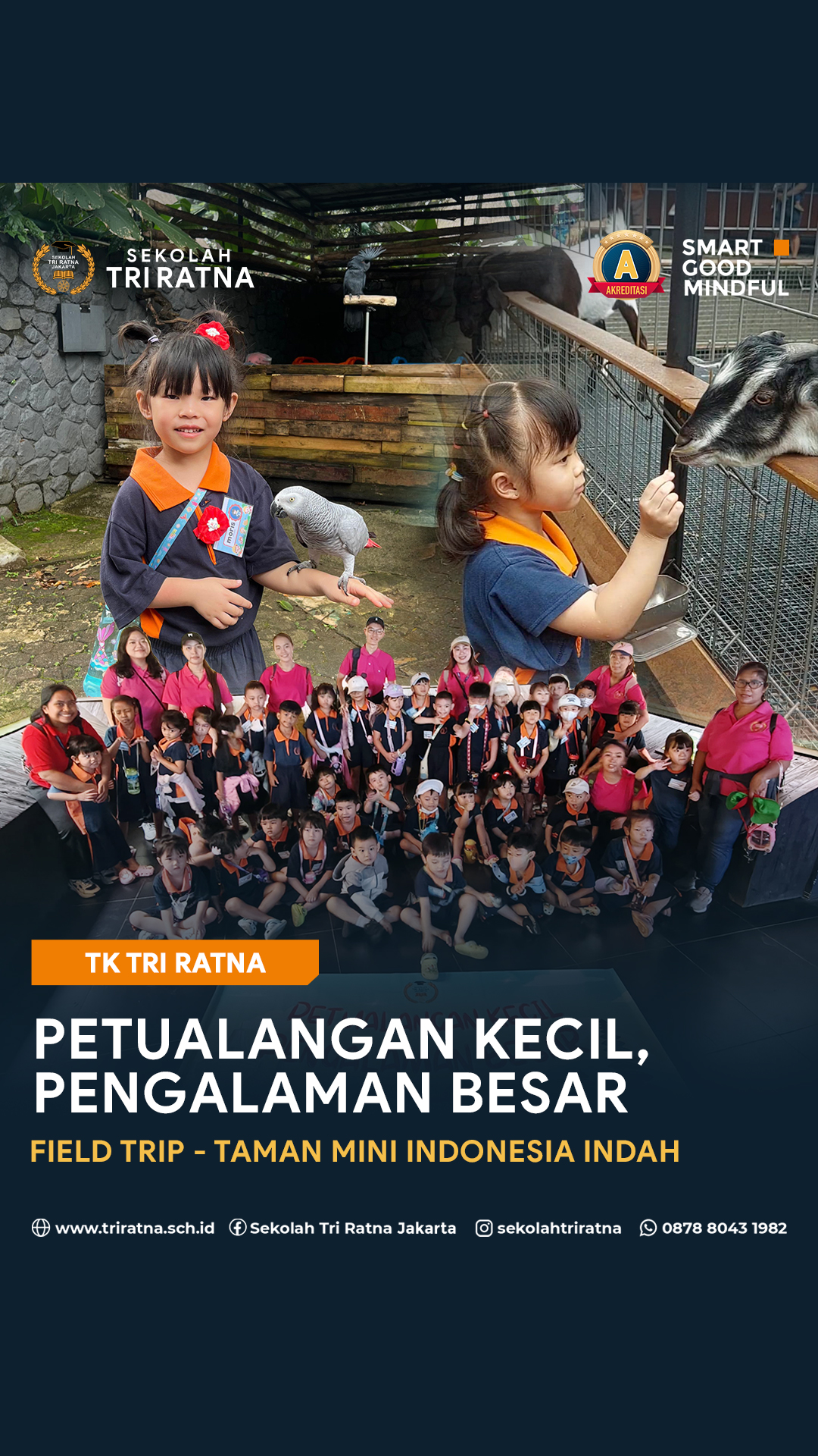 Kali ini murid TK Tri Ratna @tk.triratna belajar di luar kelas melalui kegiatan Field Trip ke Taman Mini Indonesia Indah (TMII).
Petualangan dimulai di Dunia Air Tawar, tempat murid melihat berbagai jenis ikan dan mengenal kehidupan di dalam air. Dilanjutkan ke Taman Burung, di mana murid mengamati aneka jenis burung.
Keceriaan semakin terasa saat berkunjung ke Farmhouse. Murid dapat melihat dan berinteraksi langsung dengan hewan seperti memberi makan.
Melalui pengalaman ini, murid tidak hanya bermain, tetapi juga belajar mengenal alam, menumbuhkan rasa ingin tahu, serta memperluas pengalaman mereka di dunia nyata. Kegiatan ini juga menumbuhkan sikap peduli terhadap makhluk hidup.
Bergabunglah bersama kami di Sekolah Tri Ratna!
🔗 psb.triratnaschool.sch.id
☎️ +62 878-8043-1982
SMART • GOOD • MINDFUL
#sekolahjakarta #sekolahbuddhajakarta #sekolahtriratna #sekolahjakartabarat #mindfulschool