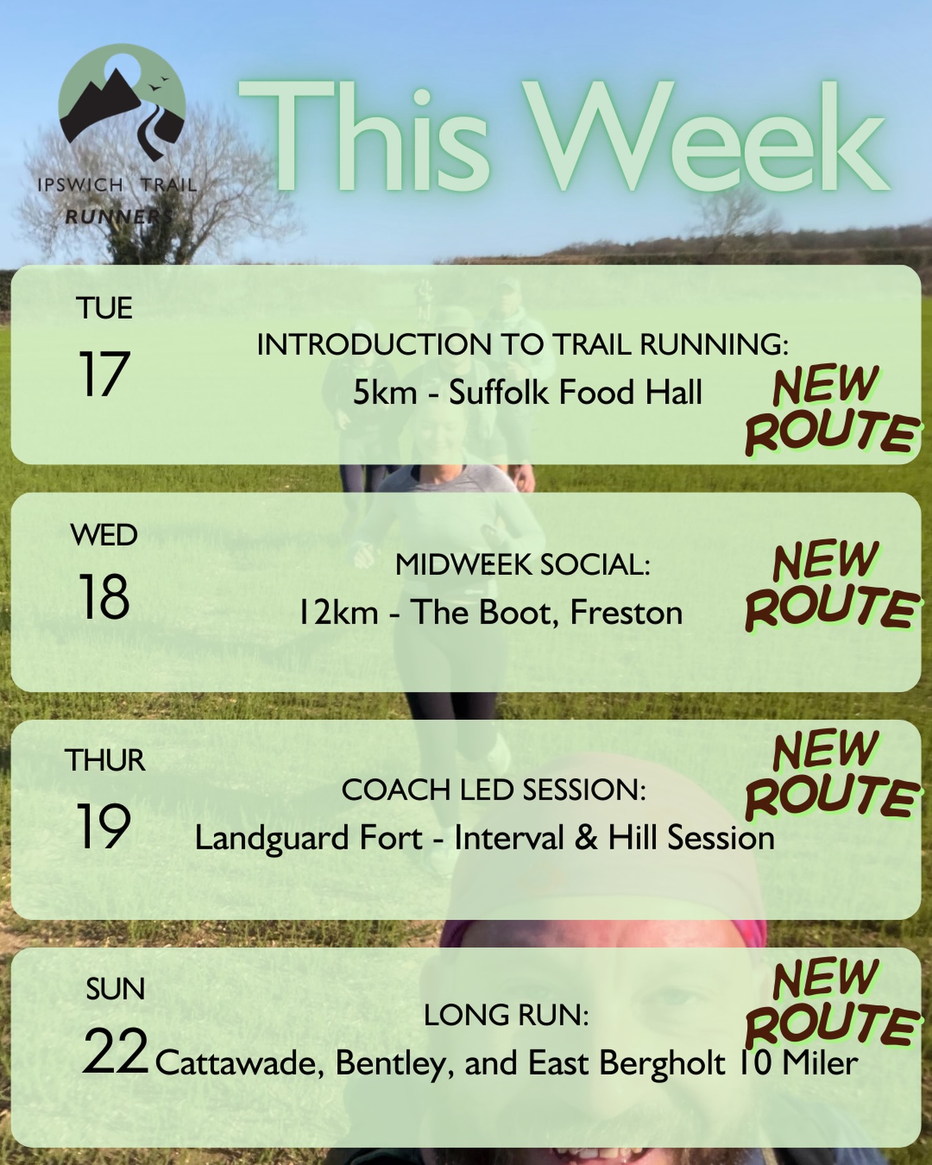 A fresh week of fresh routes taking us into Spring and lighter evenings! Come and join the fun with ITR 💚
#runclub #ipswichtrailrunners #trailrunning