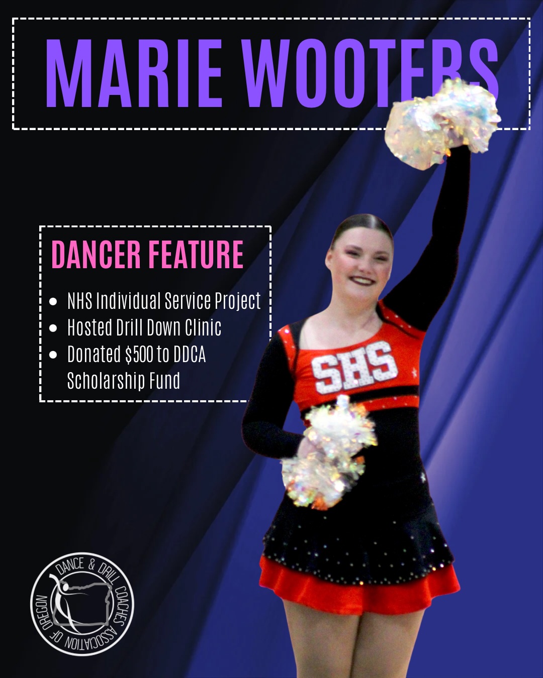 We would like to highlight a dancer in our association, Marie Wooters from Scappoose Vision.
Marie hosted a Drill Down clinic for dancers in her community for her NHS Individual Service Project. Not only did she help build up skills for younger dancers, but raised $500 that she then donated to our Scholarship Fund.
Thank you Marie for your hard work, dedication, and generosity to our association!
#dancerfeature #DDCA #oregondanceteam #NHS #scholarshipdonation