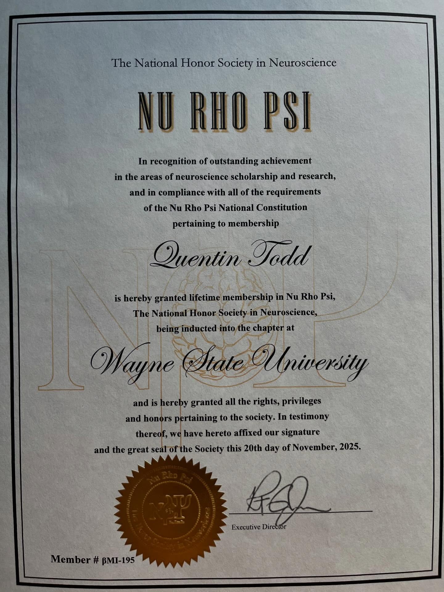 Congratulations Quentin on your induction into The National Honor society in Neuroscience. So so proud of you. You keep on doing amazing things and there is so much more to come. ❤️👏🏽👏🏽