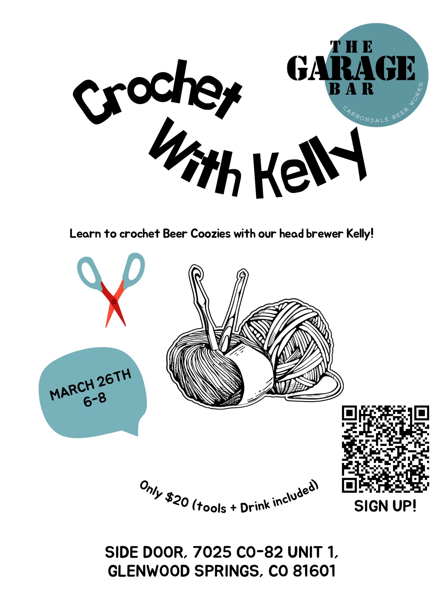 Crochet a Beer Coozie with Kelly!
On March 26th from 6-8 at the Garage Bar, our Head Brewer Kelly will be holding a class on making beer Coozies. Tools, materials, and a drink of your choice included in your $20 ticket!
Sign up beforehand on Eventbrite by searching “Crochet with Kelly”
#carbondalebeerworks #garagebarcbw #artclass #crochet