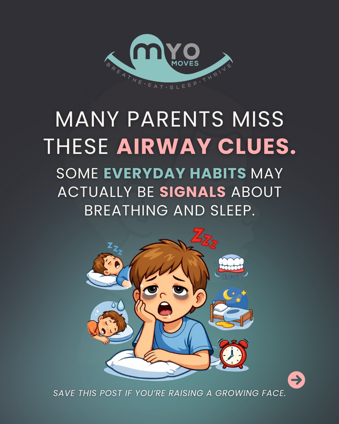 One of the things we hear most from parents is: “I noticed these things… I just didn’t realize they could be connected.”
Things like snoring, restless sleep, mouth breathing, or dark circles under the eyes are often dismissed as normal childhood habits.
Sometimes they are. BUT sometimes they’re clues about how a child is breathing during sleep — and that can affect sleep, jaw development, and overall growth.
Awareness is always the first step!
Comment GUIDANCE if you’d like info on scheduling an initial consultation to see if myofunctional therapy could help your child.
#myofunctionaltherapy #airwayhealth #kidsleep #mouthbreathing #myo