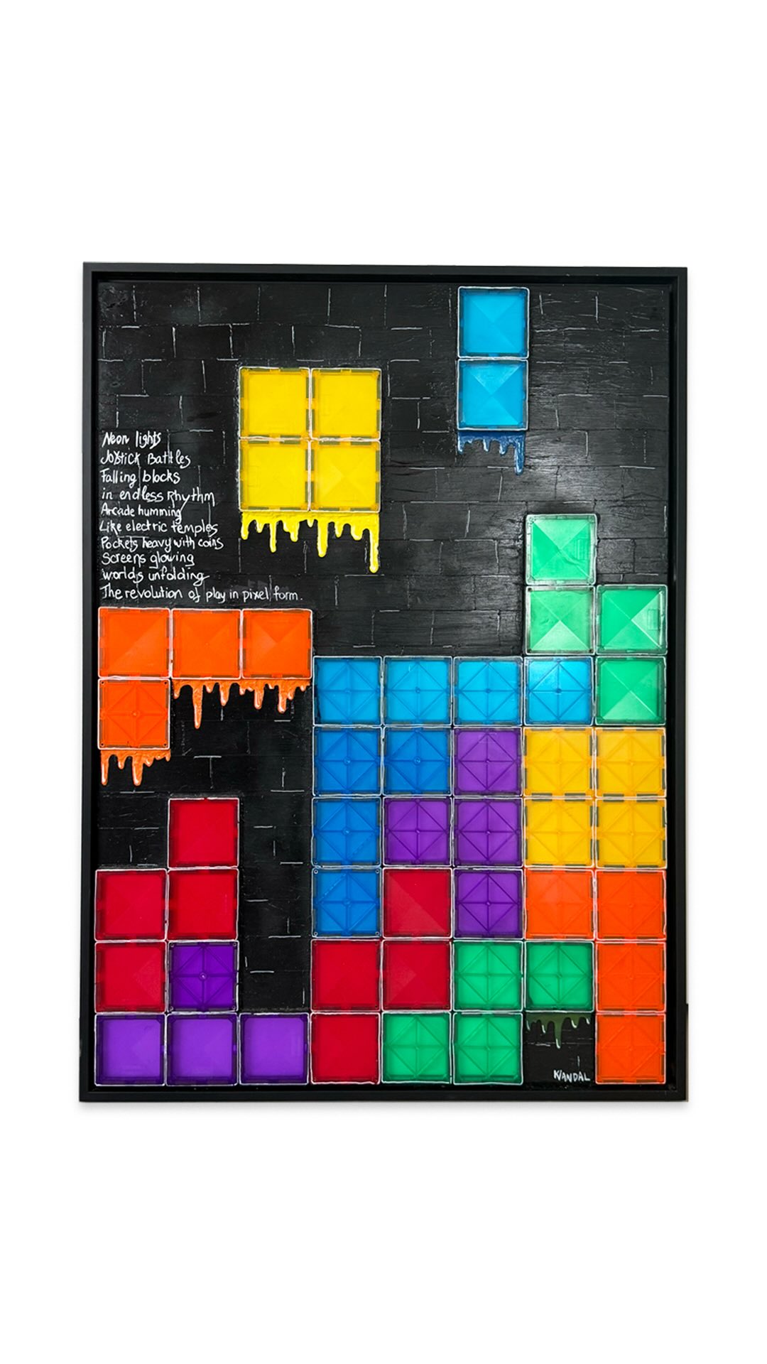 Little flash back Friday from me.
From getting a Game boy in 1991...
To making this piece 35 years later with some of my son’s magnetic tiles on a Light box.
This piece is called Tetris Magna.
The digital game expressed with the analog toys.
87cm x 63cm framed.
DM for price.
And yes this is me in the photo on Christmas morning (animated with AI).
#katvandal #tetris #retrogamers #80sbaby90skid flashbackfriday