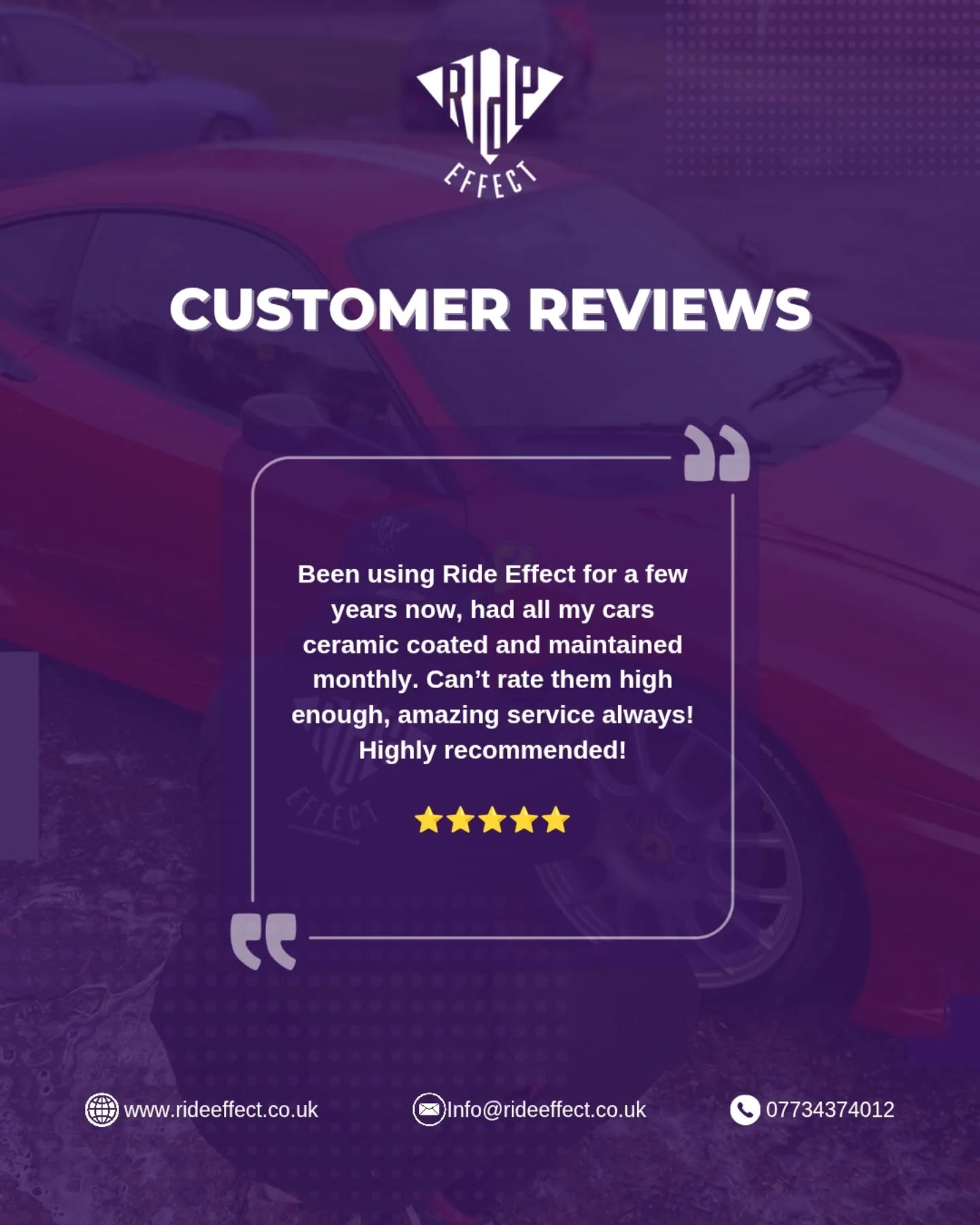 The Ride Effect treatment 💎
Maintenance is key 🔑
Keep your ride shining year-round with our Maintenance Scheme — perfect after any of our premium cleans. Stay booked every 4–6 weeks to retain value and avoid end-of-lease charges.
✨ Professional Mobile Valeting & Detailing Specialists
📞 +44 7734 374012
📧 info@rideeffect.co.uk