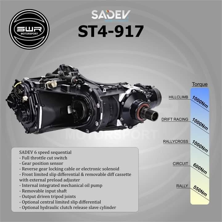 πβ SADEV 4WD TRANSMISSIONS βπ
The selection of 4WD Transmissions from SADEV comfortably handle high power engines for tough and demanding applications! Feel free to enquire to SWR Motorsport for information, advice, price and orders!
Sadev's 4WD Transverse transmission, the ST4-917 is developed for the tough life of a Rallycross gearbox and proves it's strength in more than just that!
The SC917 4WD Central Transmission boasts many technological developments that increase the performance and versatility of an already powerful transmission.
The SC924 bears a larger gear tooth and is fielded for Rally Raid projects and other hardy off-road challenges that it can snap up!
#SWRMotorsportUK #SWRMotorsport #SWR #SADEV #sadev #UK #Transmission #Transmissions #Gearbox #Gearboxes #sequential #sequentialgearbox #transmission #gearbox #competition #motorsports #racing #motorsport #Racing #winning #Competition #4wd #awd #Hillclimb #Circuit #Rally #Offroad #Rallycross #Rallyraid #drifting