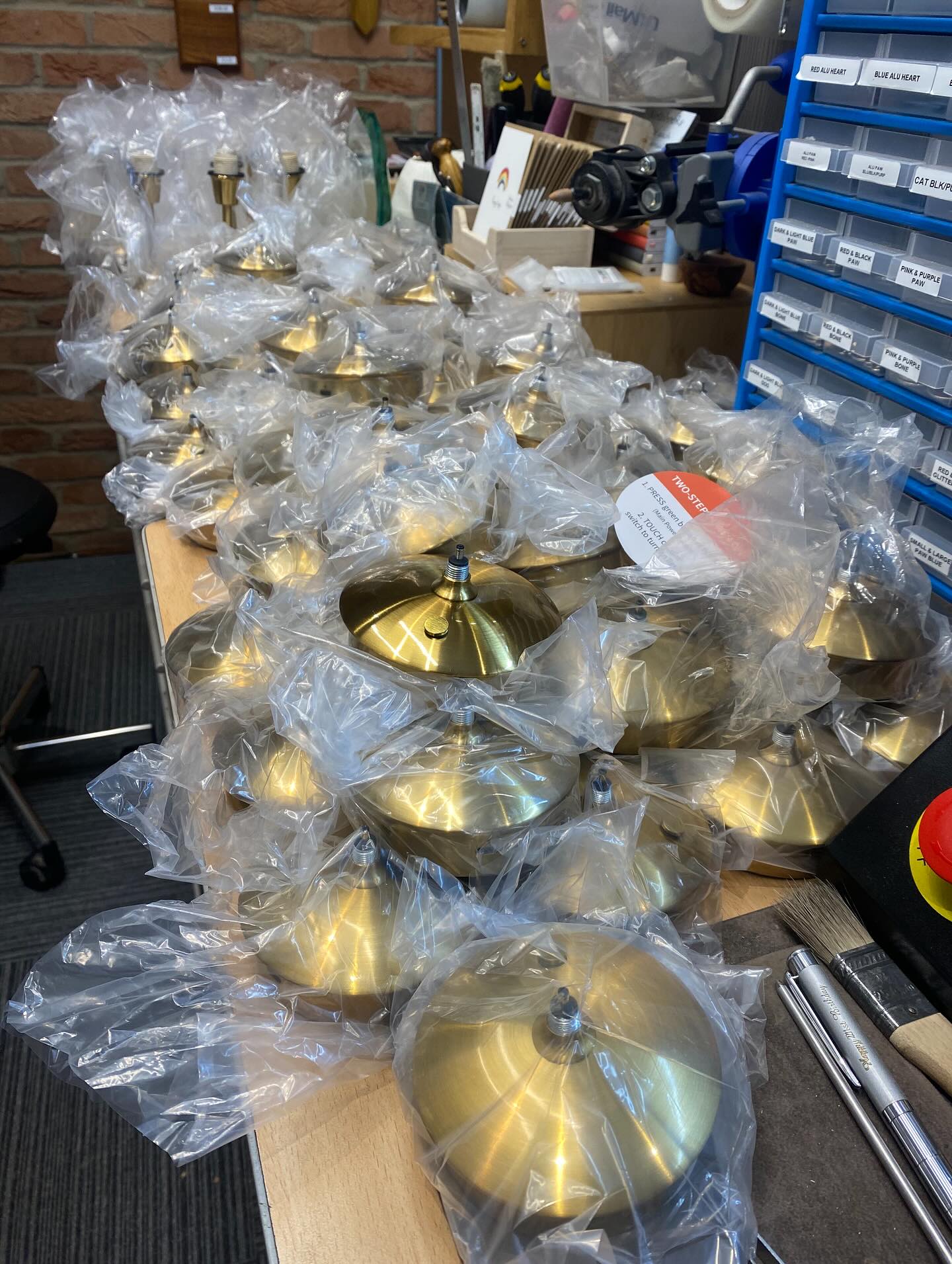 This work bench is usually filled with trophies this time of year but today it’s filled with lamps!
All to be engraved with a company logo.