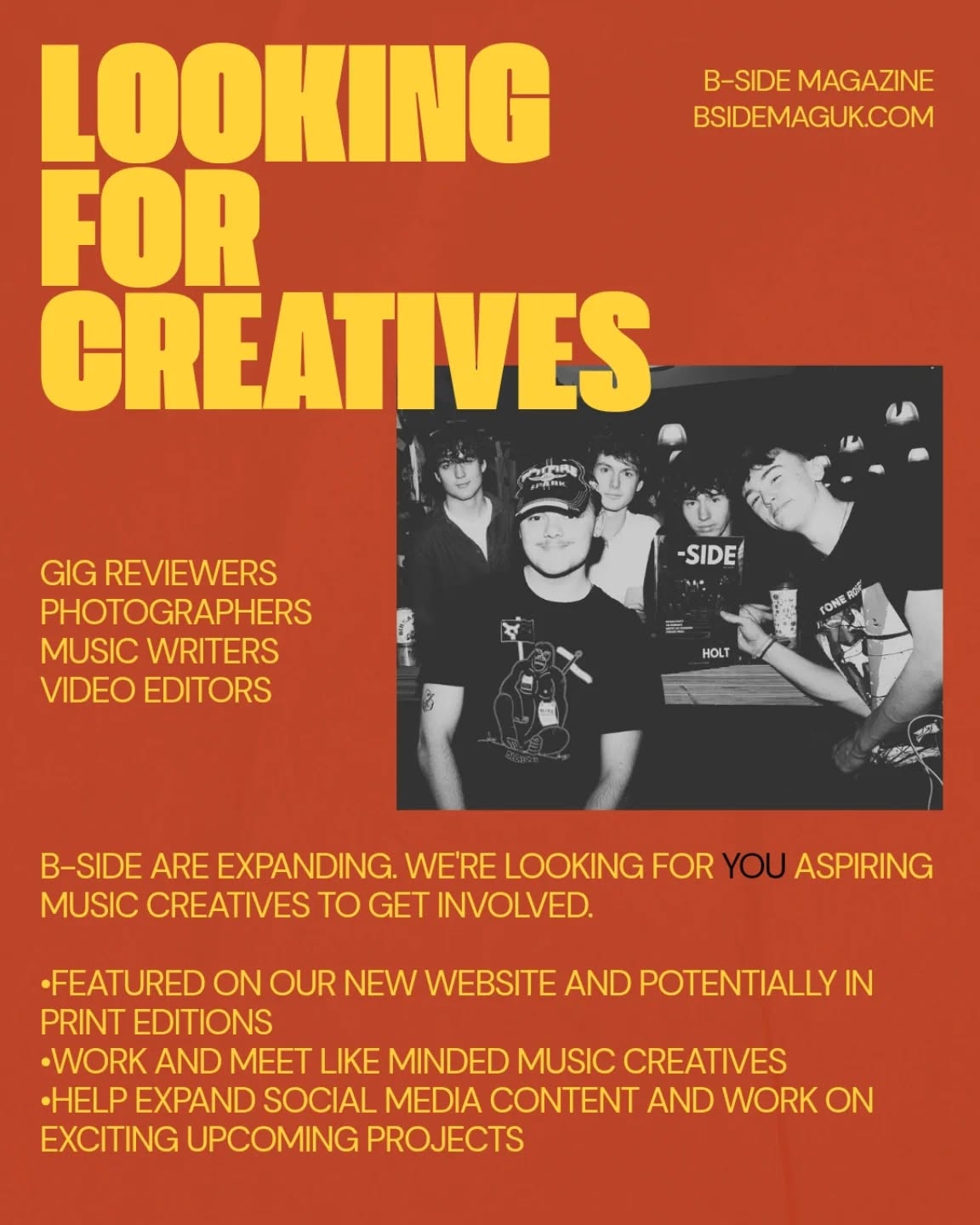 We're EXPANDING ‼️
Tons of you lot have been eager to get involved, so here we go. So far B-Side has been a two man effort, so with your help we're looking to grow into a leading place for young music creatives/journalists.
Going to a gig? Write a review, make a tik tok, work with our artists and our connections to get to gigs and love working in the music industry.
With print edition 003 on the way this is a perfect jumping on point for anyone looking to get some experience working in the music industry and be a part of a genuine team who love music.
Send us an email or a DM to know more and get involved with some examples of previous work/ideas you could add to B-Side.
Alex & Corey x
✉️ magazinebsides@gmail.com
🤳🏼DM us