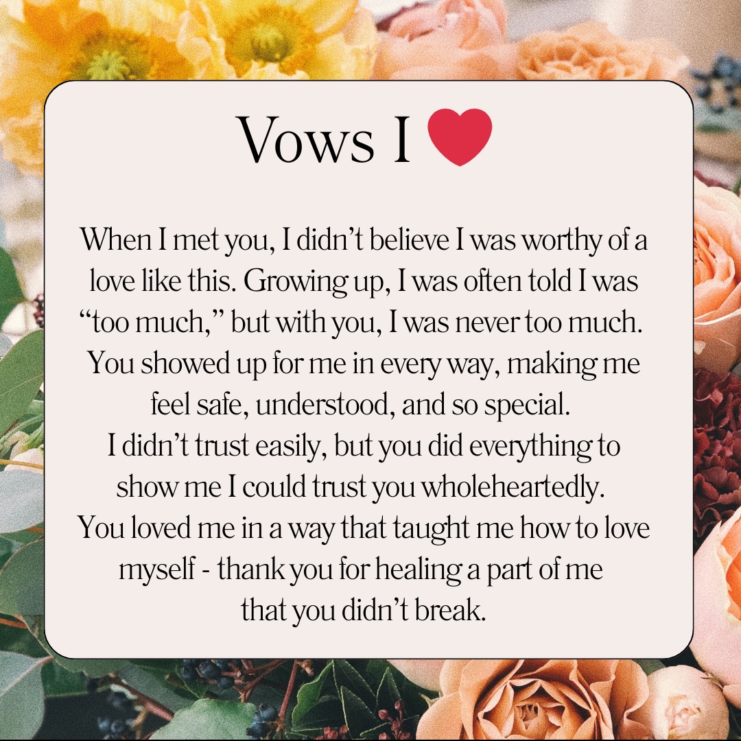 I’ll admit… when I first read these vows whilst sitting at my computer, I couldn’t help but feel emotional and even shed a tear myself.
This is just a small section from my bride’s vows, but the way she expressed herself was so open and honest. Her words were completely genuine.
Her vows were longer than this and also included the promises she was making for their future together, but this part really stayed with me. It’s a incredible thing to be truly seen and loved by someone ❤️
#melbourneweddings #melbournewedding #melbournecelebrant